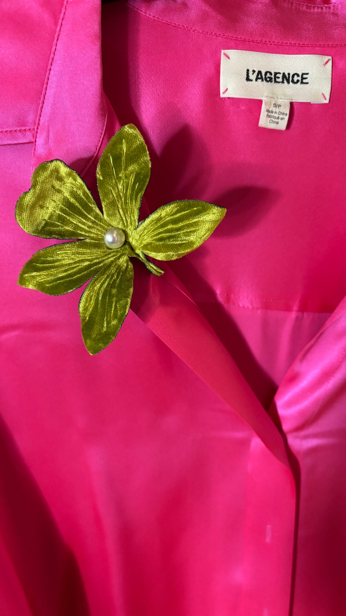 Chartreuse Crushed Velvet Orchid with pearl center Clip into hair, onto lapel, handbag and more