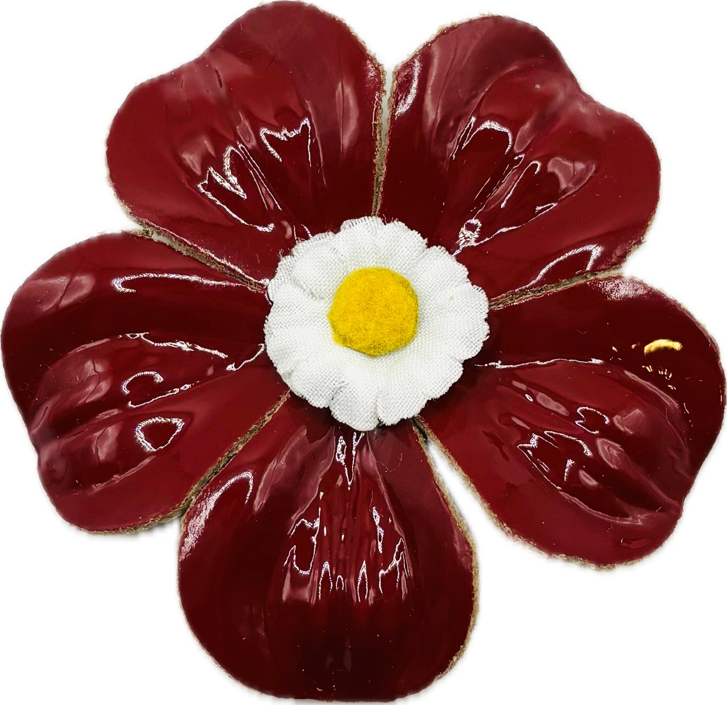 “Marguerite” Red Patent Leather Daisy Flower Brooch & Clip. 2.25" Wear in your hair, on a necklace, dress and more. Made in the USA