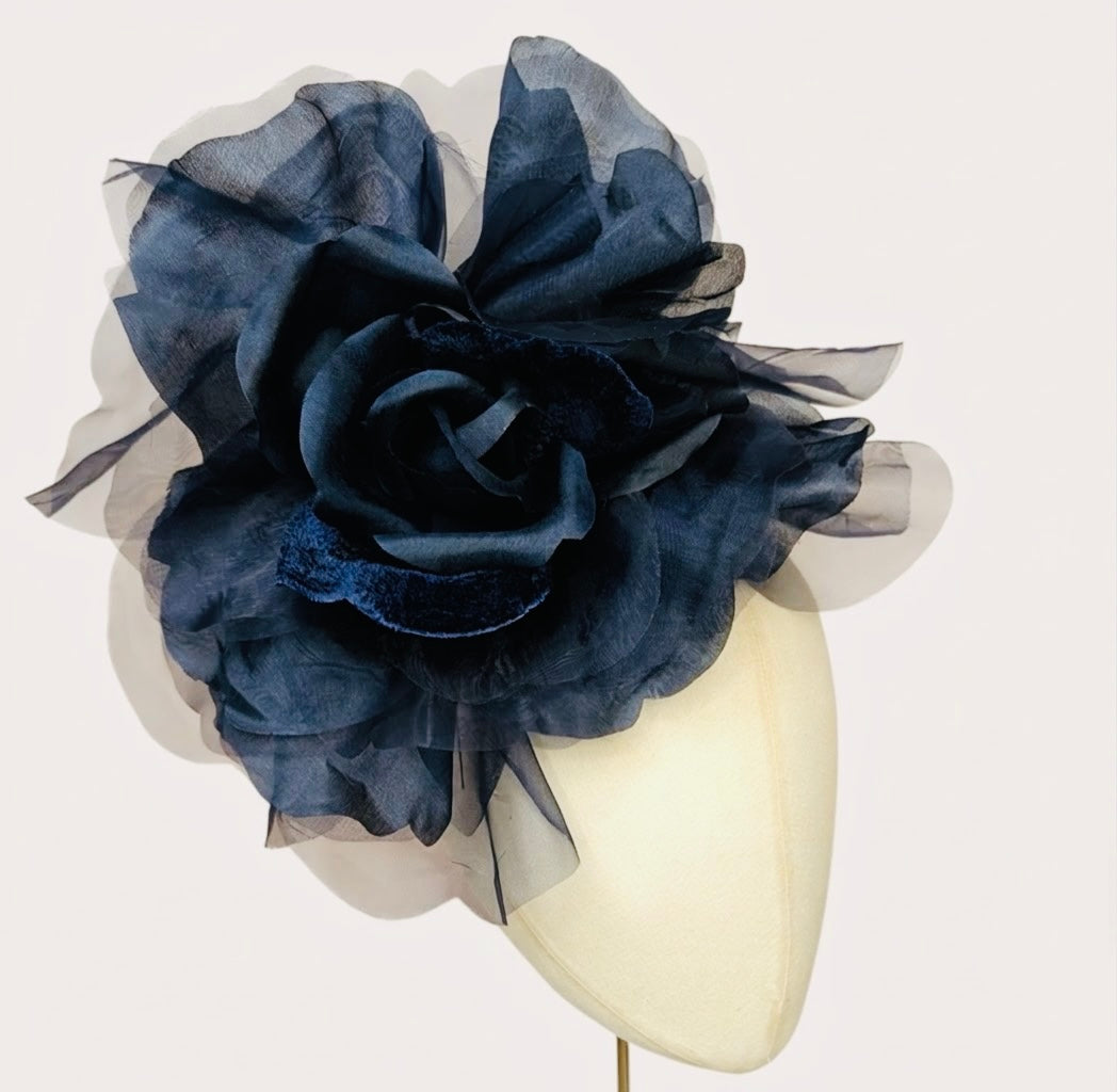 Karin's Garden 10" "Ariana" Navy Blue Silk & Velvet Organza Rose Pin & Clip.  A Statement Flower