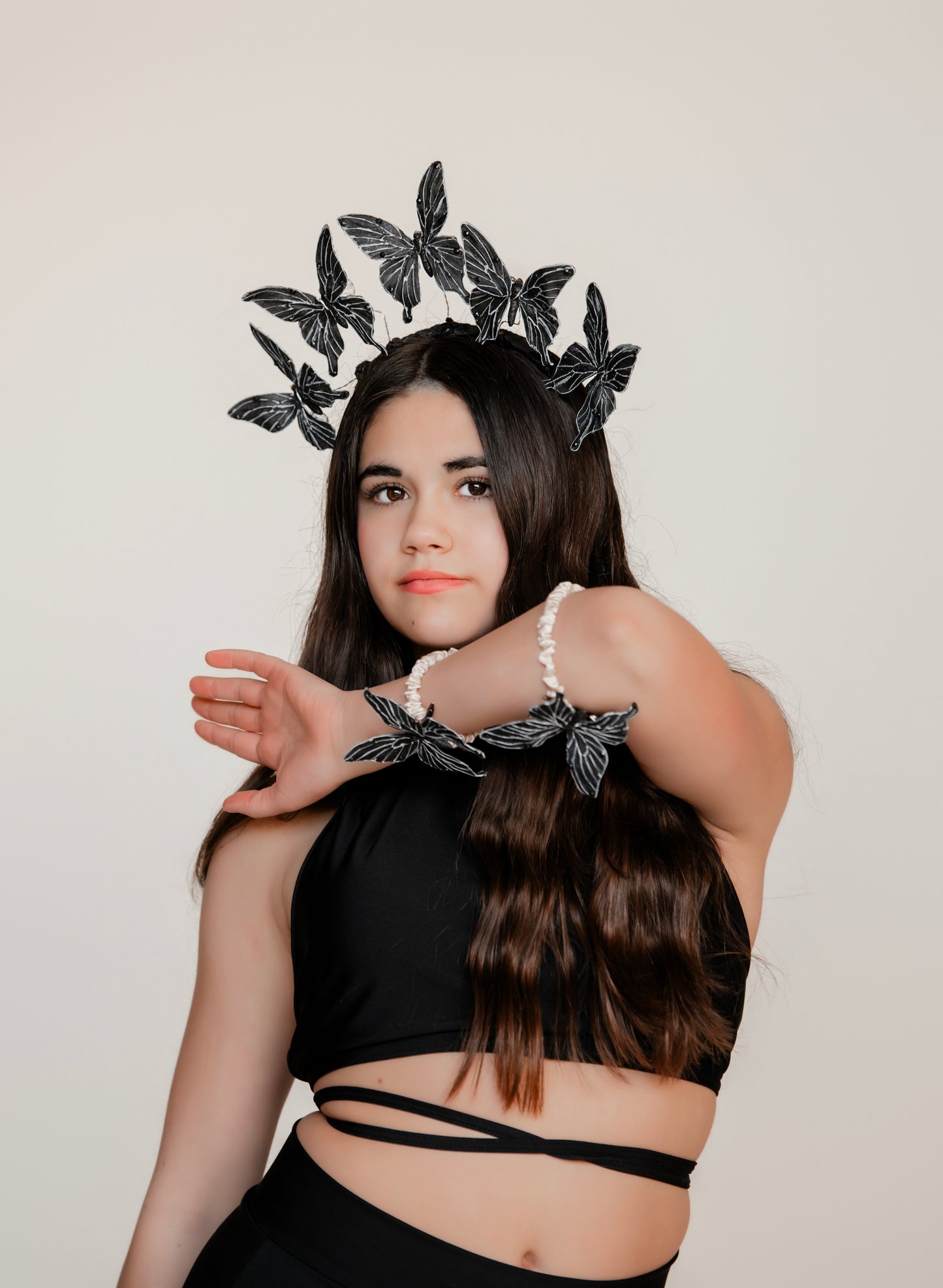 "Vanessa" Karin's Garden 3" Black White Butterfly clip. Bendable petals. Wear in your hair, clip to wristlet, clip on lapel, tank top or dress.  Clothing by detailsdancewear