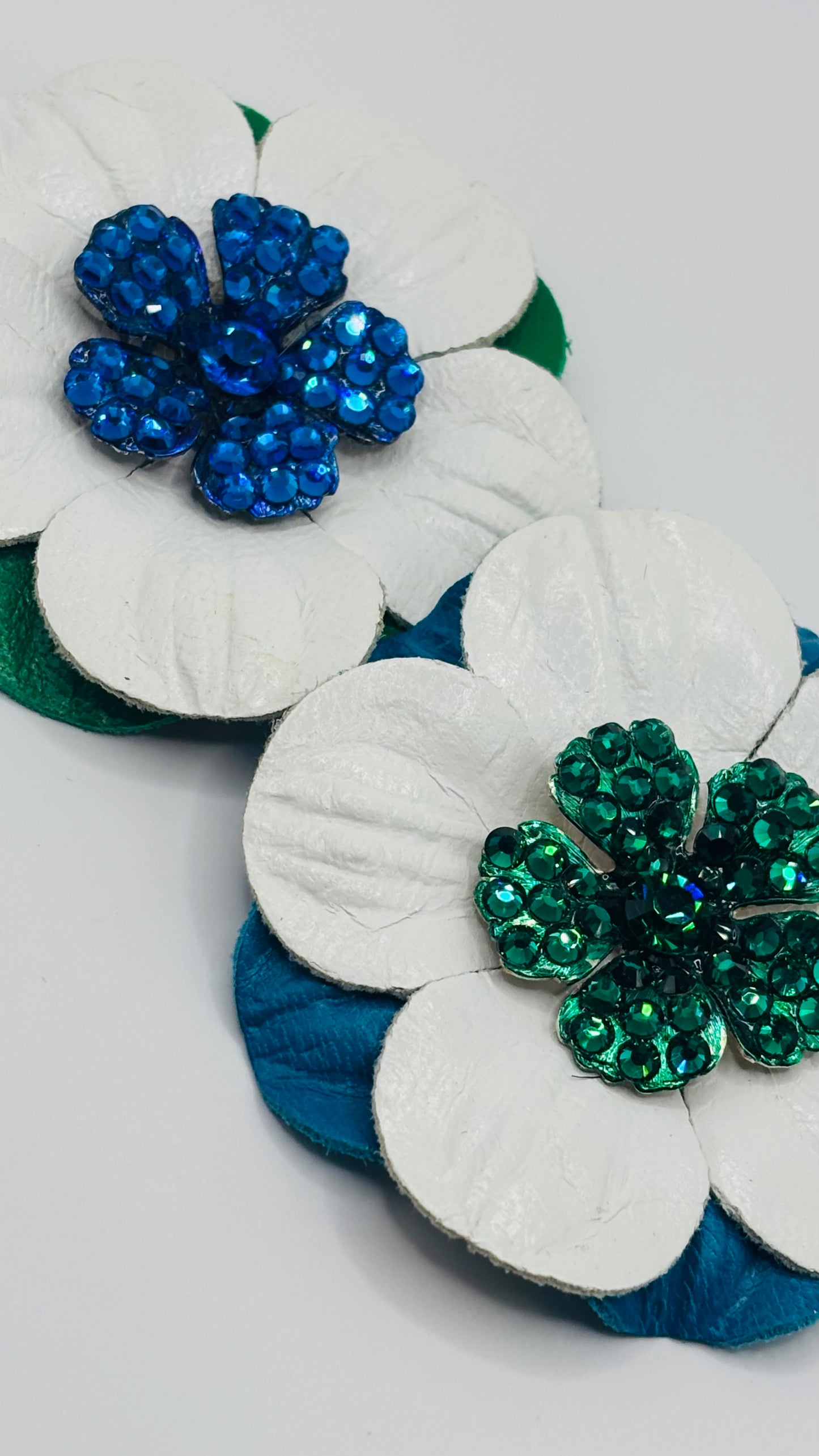 “Seahawks" 2.25 Petite Leather & Crystal Flower Pin & Clip. White with Blue Center. Made in Seattle, WA