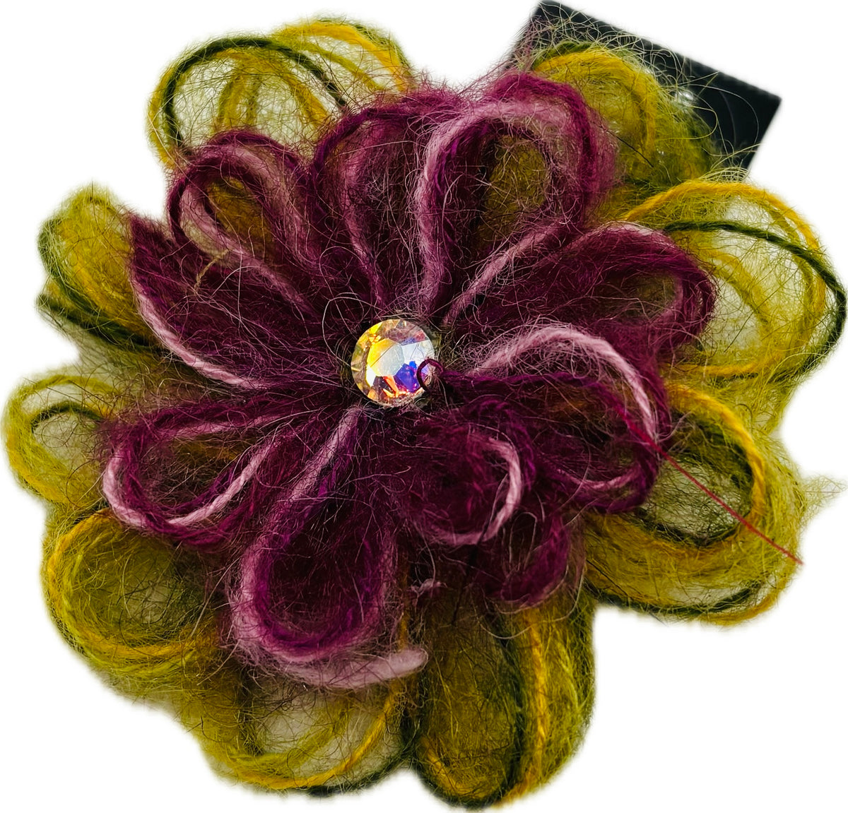 Enya Mohair Flower with Crystal Brooch & Clip Two Inches Handmade in the USA