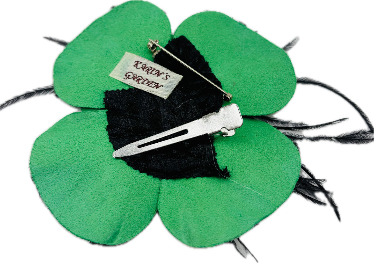 "Min" Leather Camellia & Ostrich Green Brooch Clip. 4" Clip or Pin to Scarf, Into Hair, on lapel, dress, hat and more. Handmade in the USA.