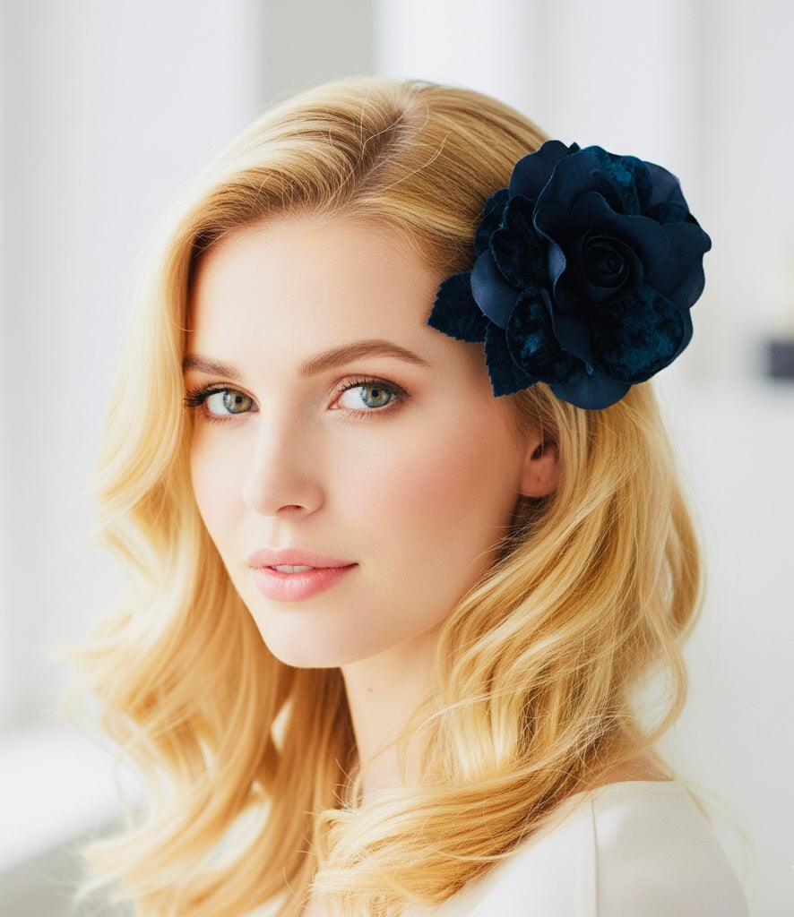 Navy Silk and Velvet Gardenia Brooch and Clip.