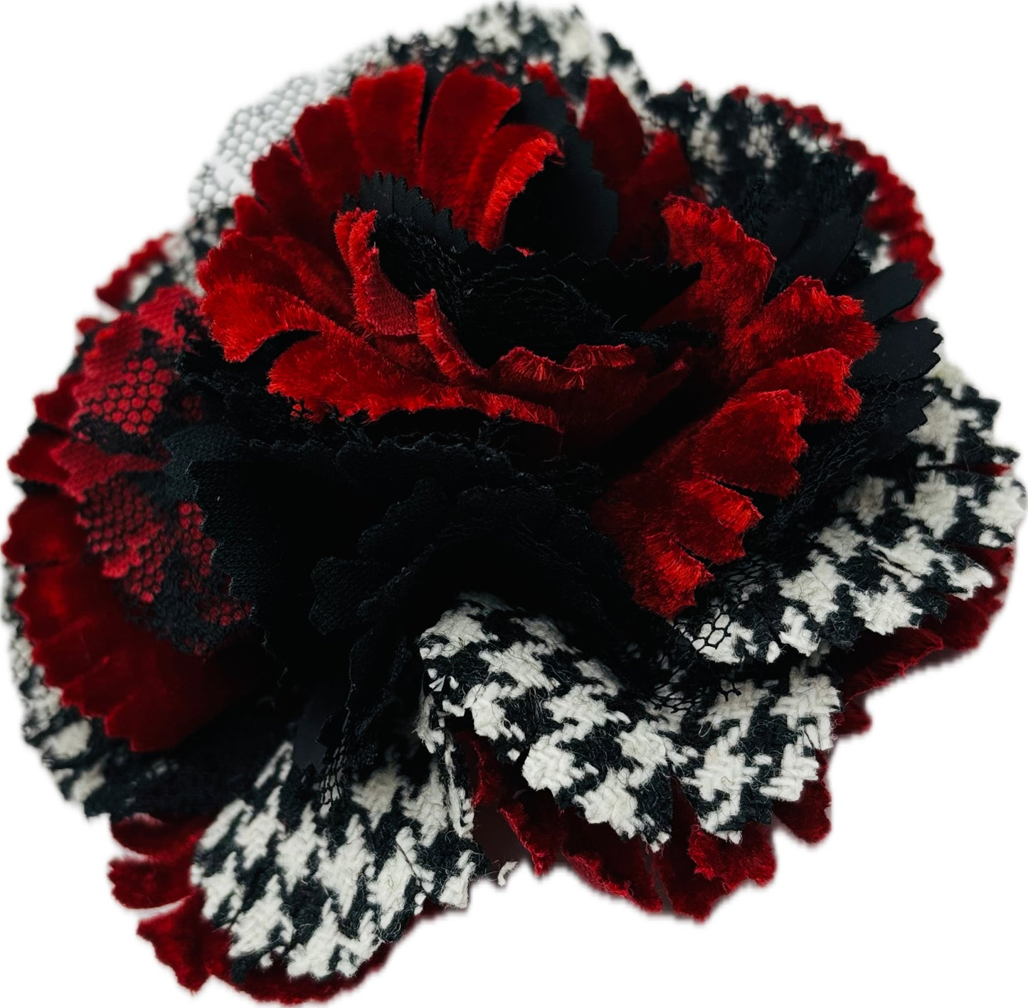 "Brooke" Red White & Black Wool Houndstooth Velvet & Lace Flower Brooch and Clip 3" Made in the USA with Love