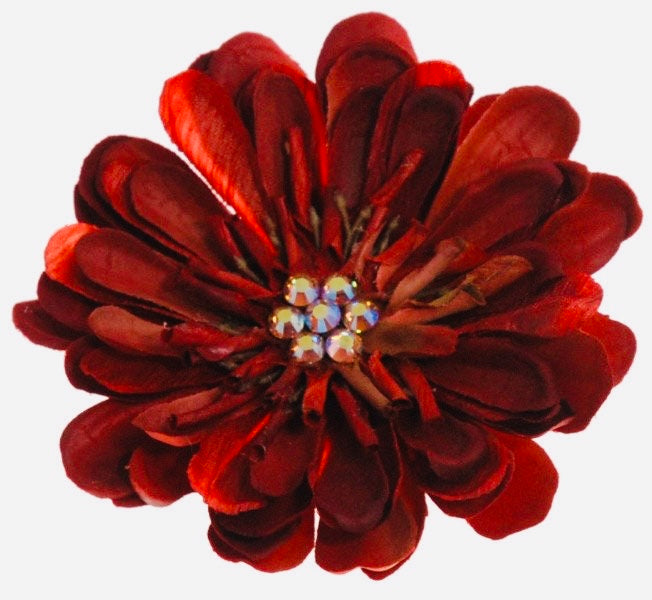 Fabric Flower Burgundy with Crystals Brooch & Clip. Karin's Garden 4" Zinnia.  Handmade in the USA