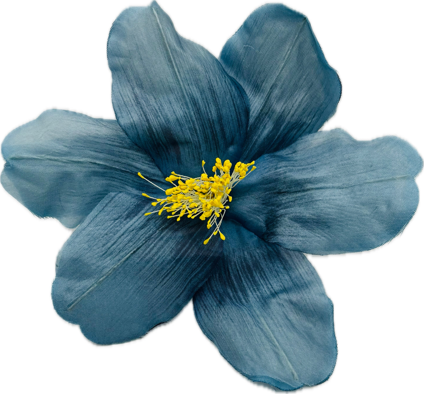 "Clementine" 4" Silk Clematis Blue Brooch and Clip. Karin's Garden. Bendable Petals. Pin or Clip into hair, onto dress, lapel, handbag and more.