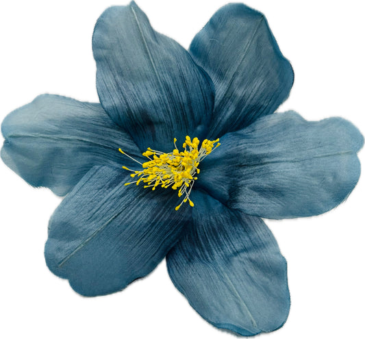 "Clementine" 4" Silk Clematis Blue Brooch and Clip. Karin's Garden. Bendable Petals. Pin or Clip into hair, onto dress, lapel, handbag and more.