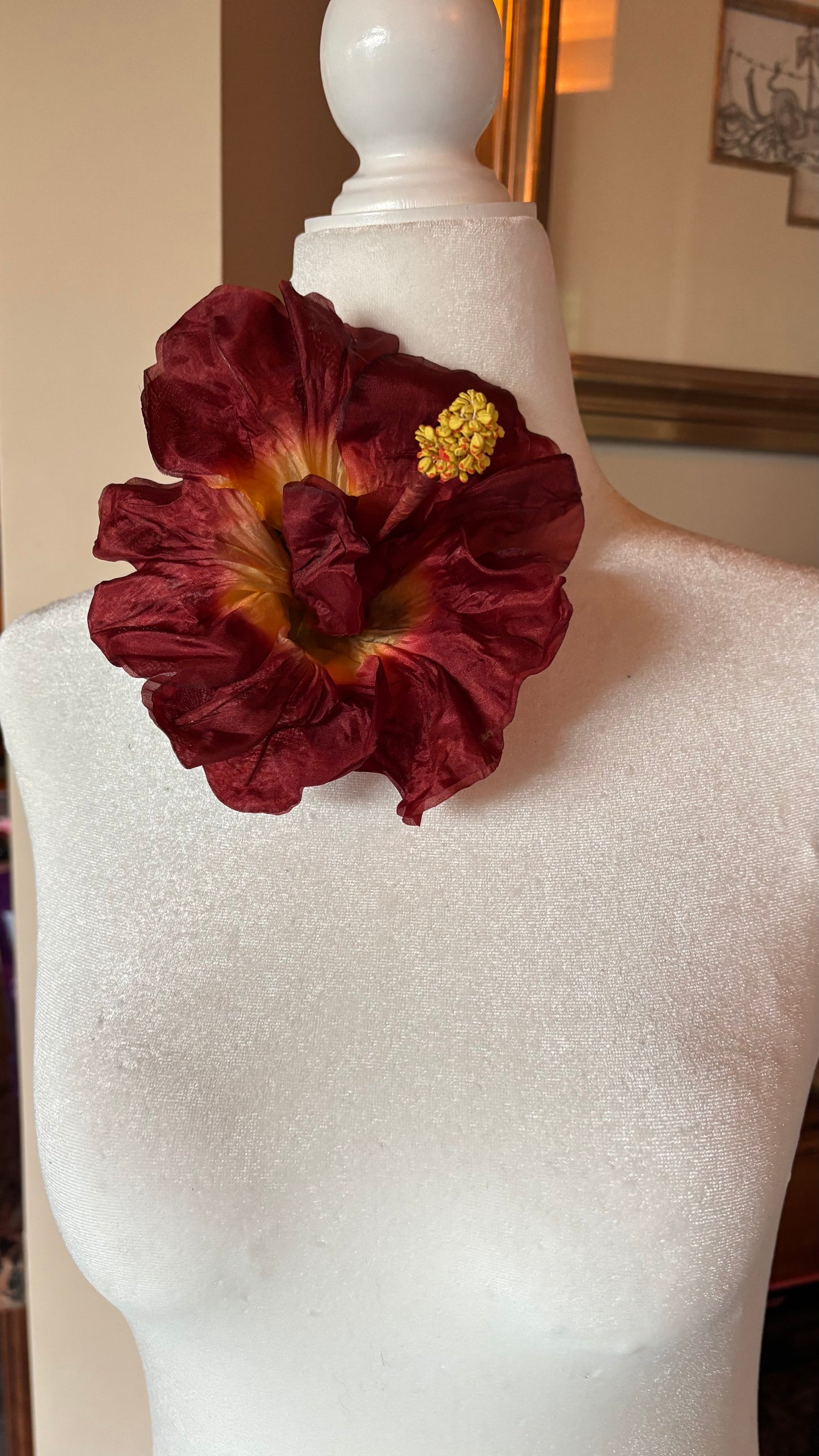 "Caterina" Vintage German Terra Cotta Silk GDR Hibiscus 6" Reimagined Mid-Century Brooch & Clip Duo.  For your sundress, handbag, hat & lapel.