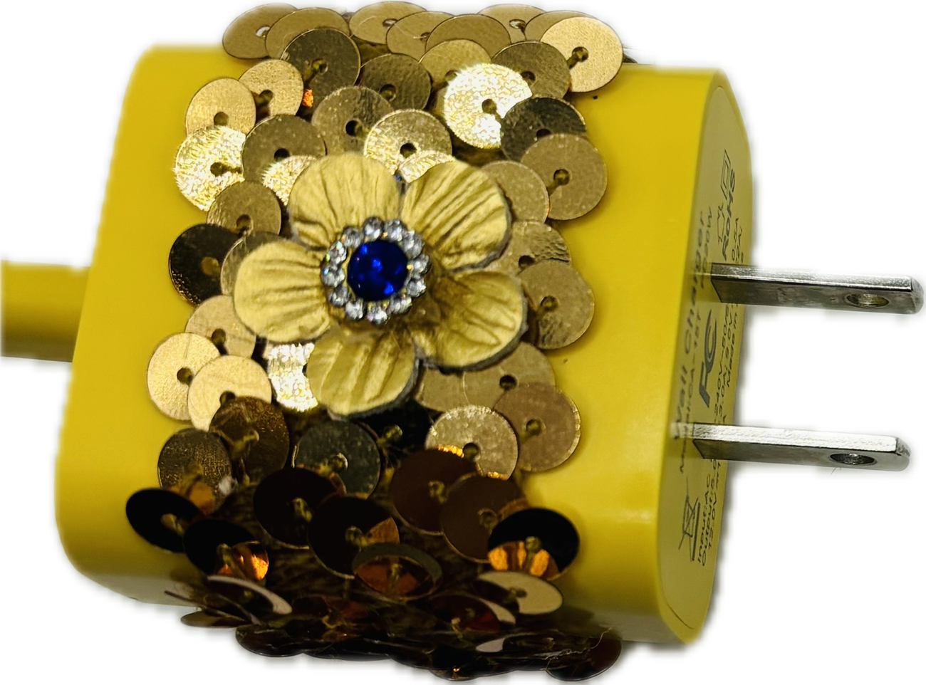 Karin's Garden Yellow Phone Charger Gold Sequin & Gold Leather Flower with Crystals