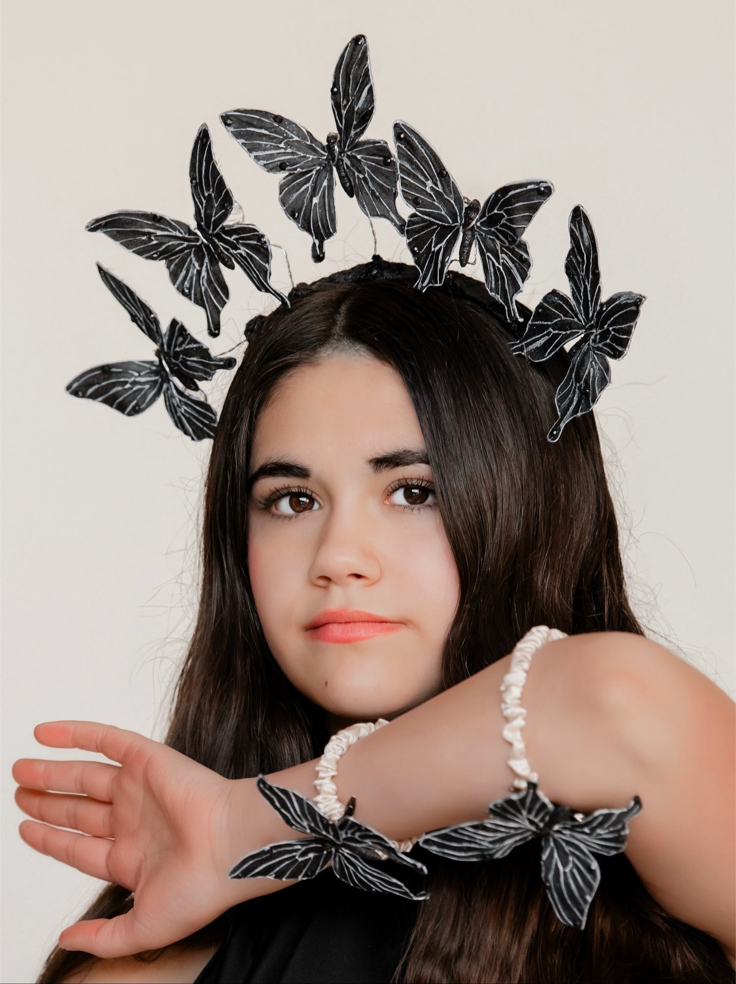 “Vanessa” Black Butterflies Headband.  Comfort Fit Silk Headband, Bendable Butterflies.  Handmade in Bellevue, Washington. Clothing by detailsdancewear