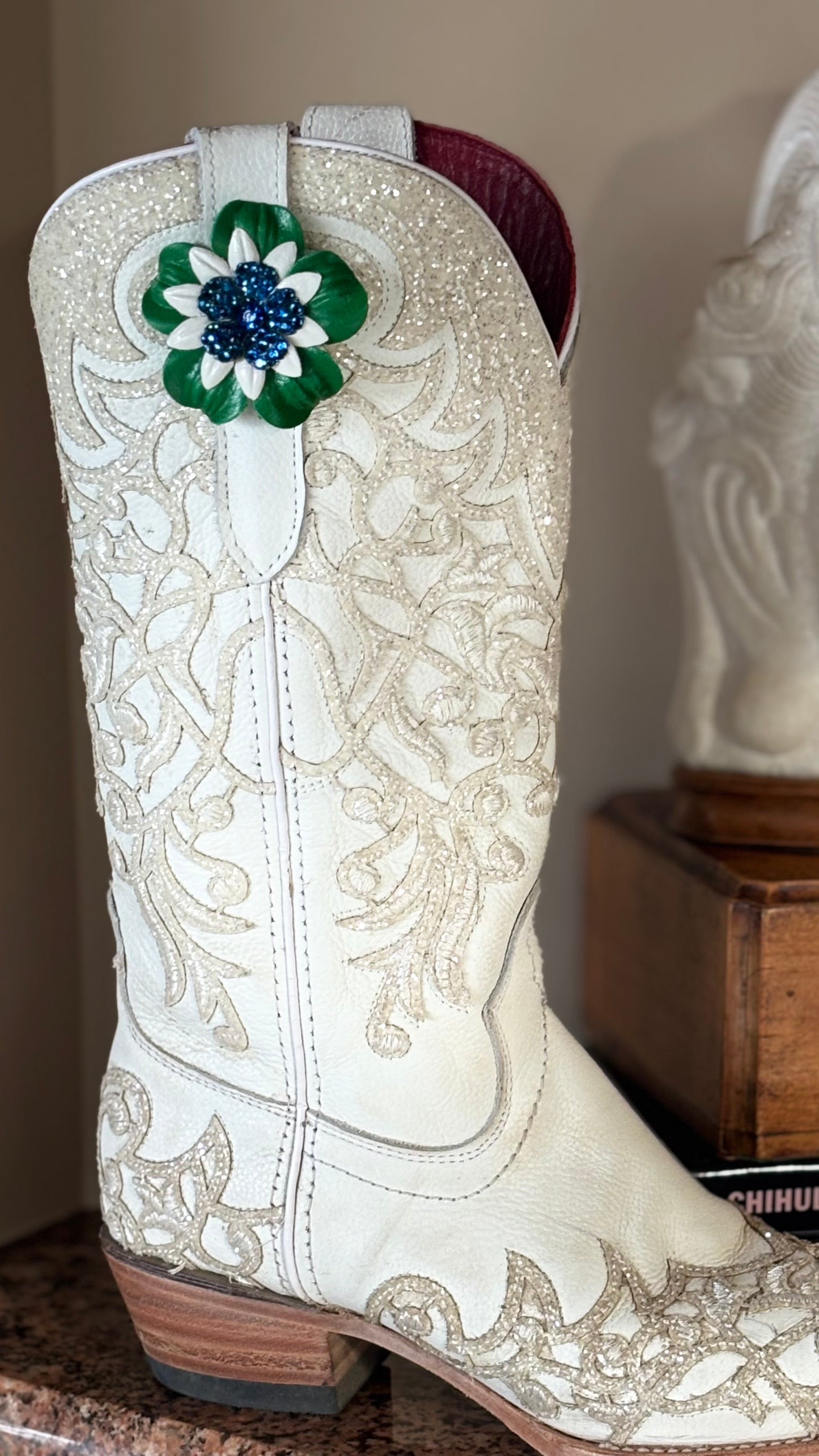 “Seahawks" 2.25 Petite Leather & Crystal Flower Pin & Clip. White with Blue Center. Made in Seattle, WA