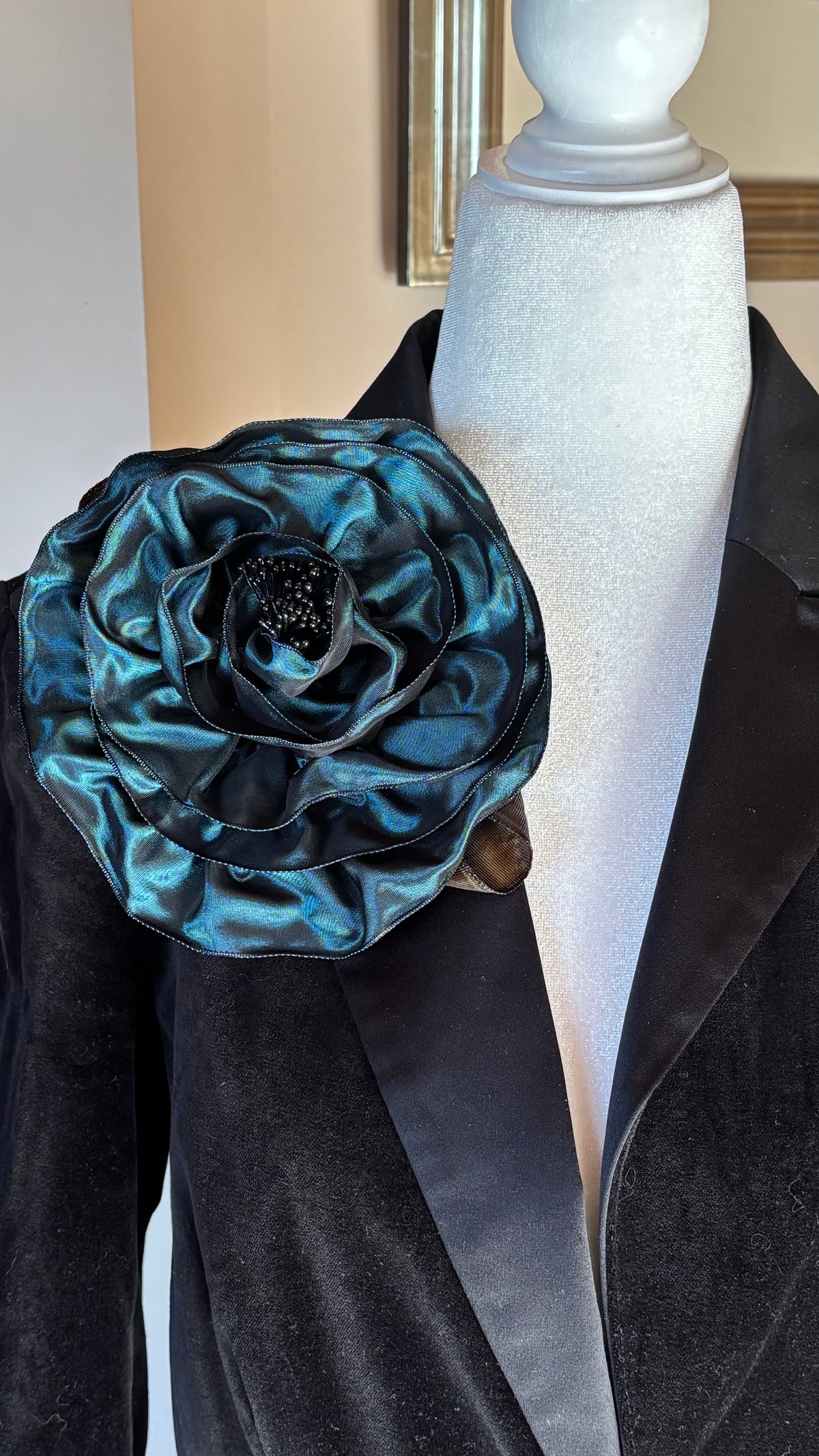 Francesca Teal French Taffeta Flower Pin & Clip, 7"