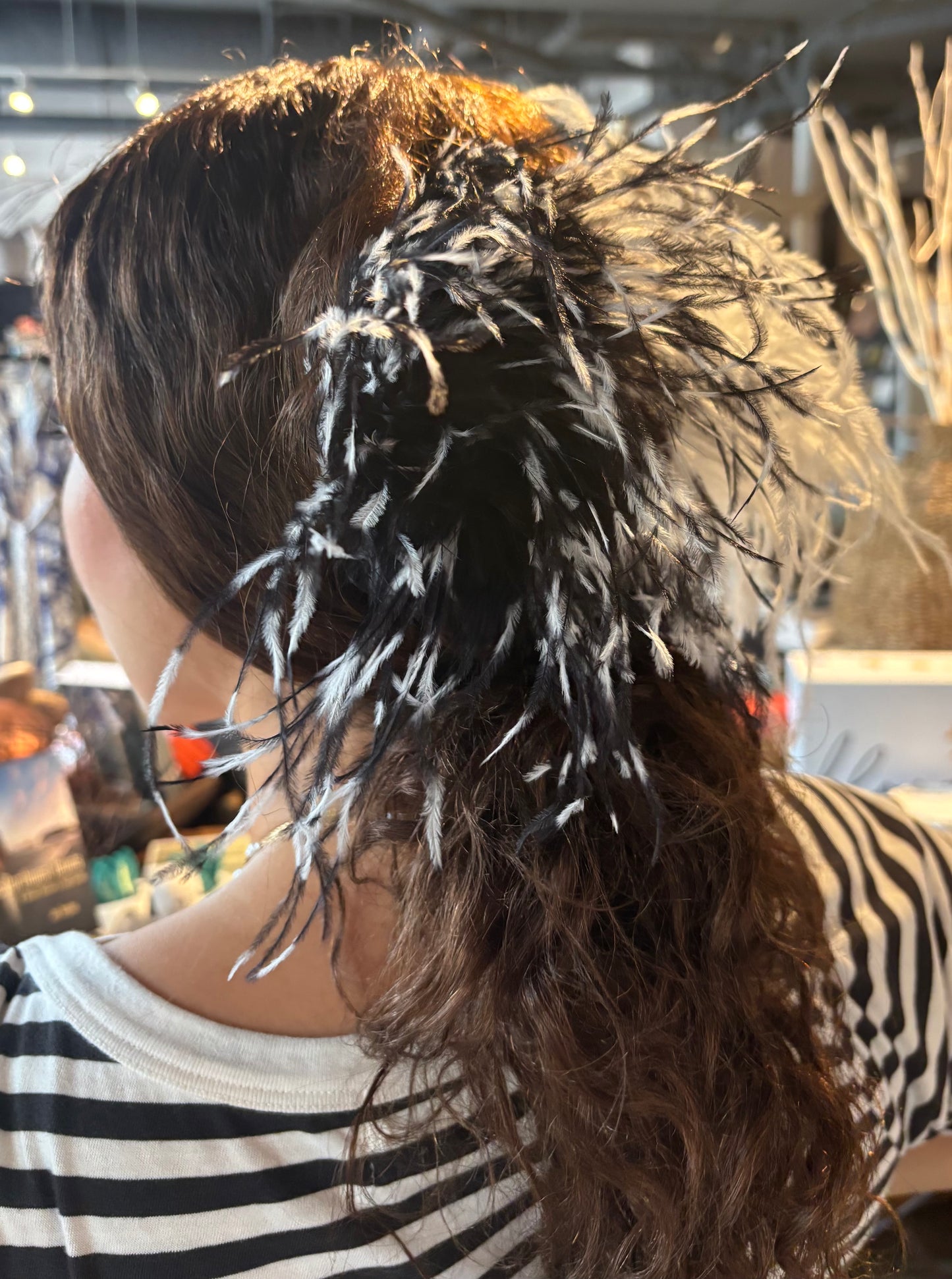 "Dietrich" Petite Ostrich Pin & Clip in Black/White.  Made in the USA. Genuine Ostrich. Available in many colors.  Available in Petite or Grand