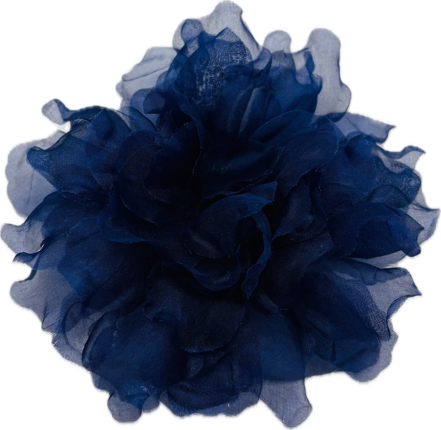 Karin's Garden "Harper" 4" Silk Organza Navy Blue Gardenia Pin Brooch & Clip. Handmade in the USA.  Pin or Clip into hair, onto dress, lapel, handbag and more.