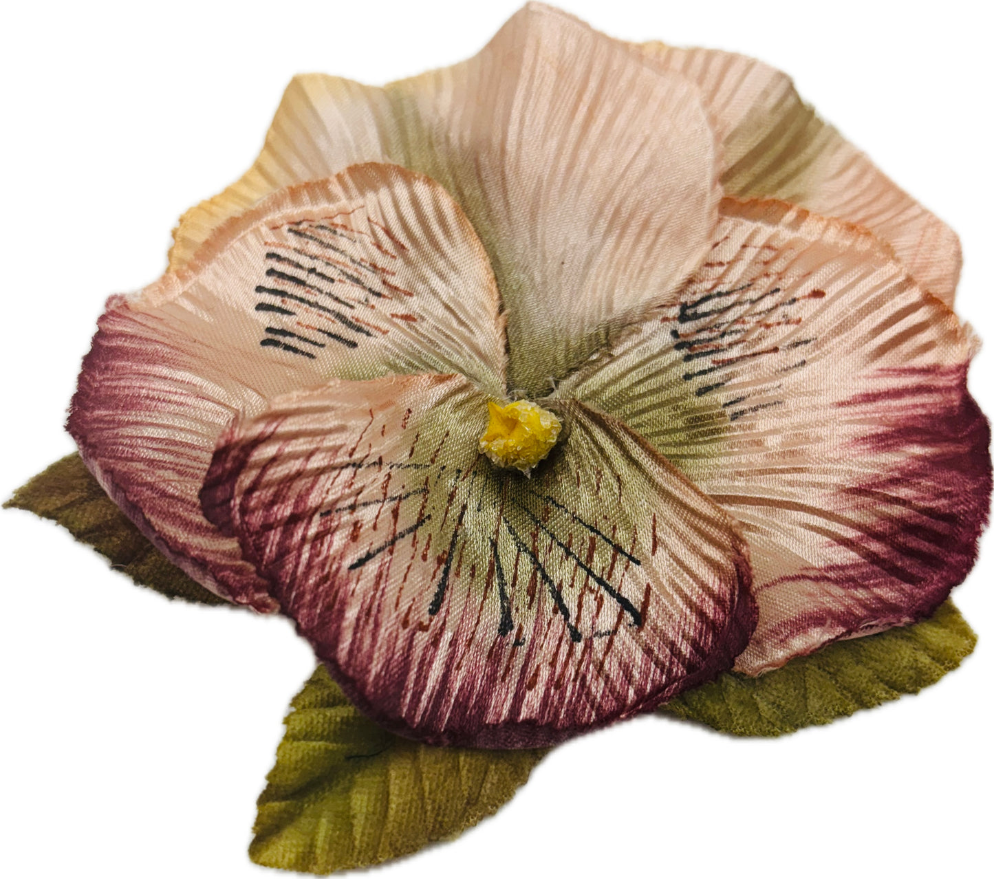 Karin's Garden “Dakota”3 1/2" Burgundy Pansy Flower Pin & Clip.  Vintage Life like Pansy Pin.  Burgundy Pink. Made in the USA