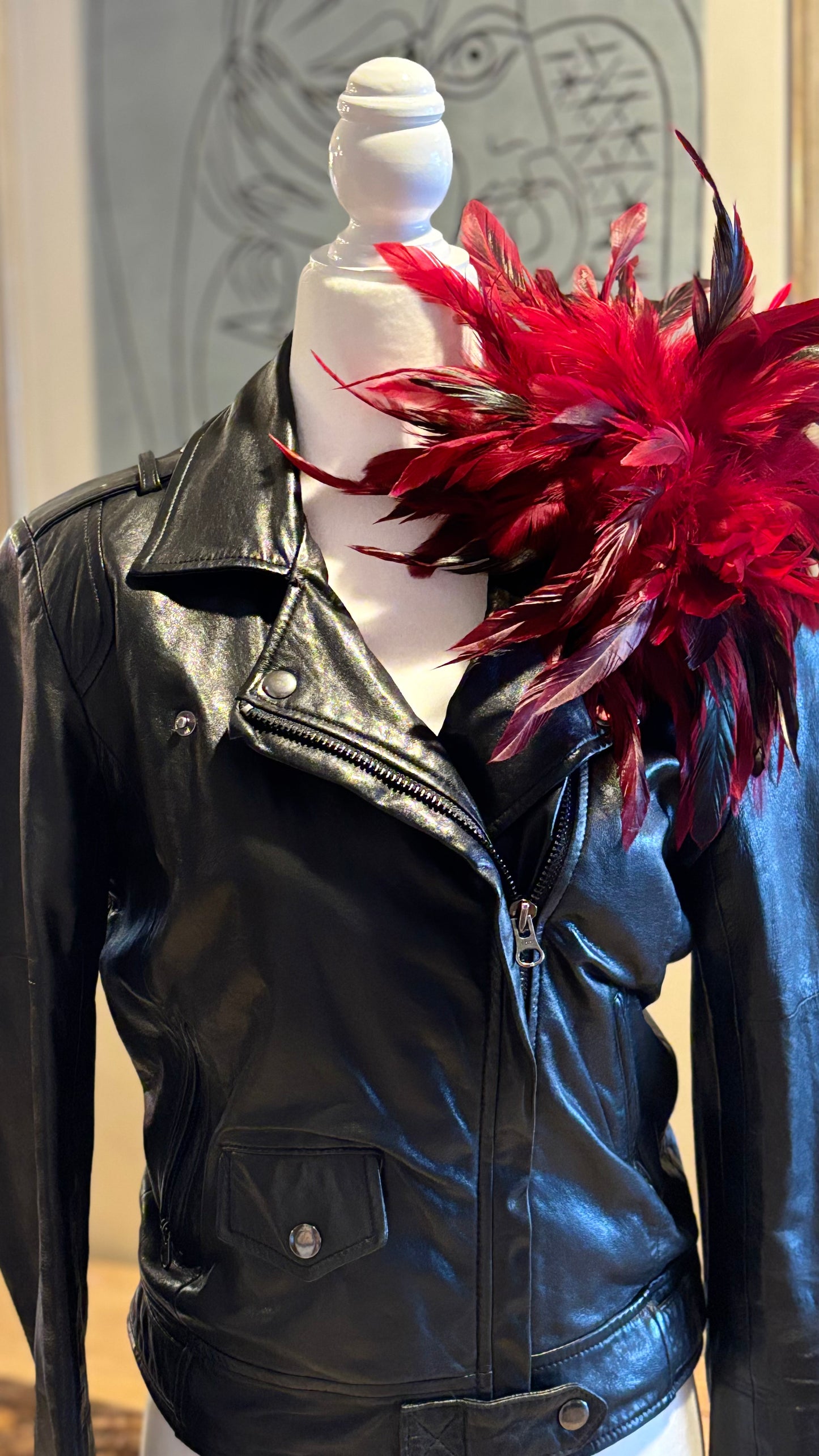 “Abracadabra” Red & Black Feather Brooch & Clip.  12" Pin or Clip to lapel, dress, blazer, clip onto wrist elastic, jacket, handbag, hair, hat and more.