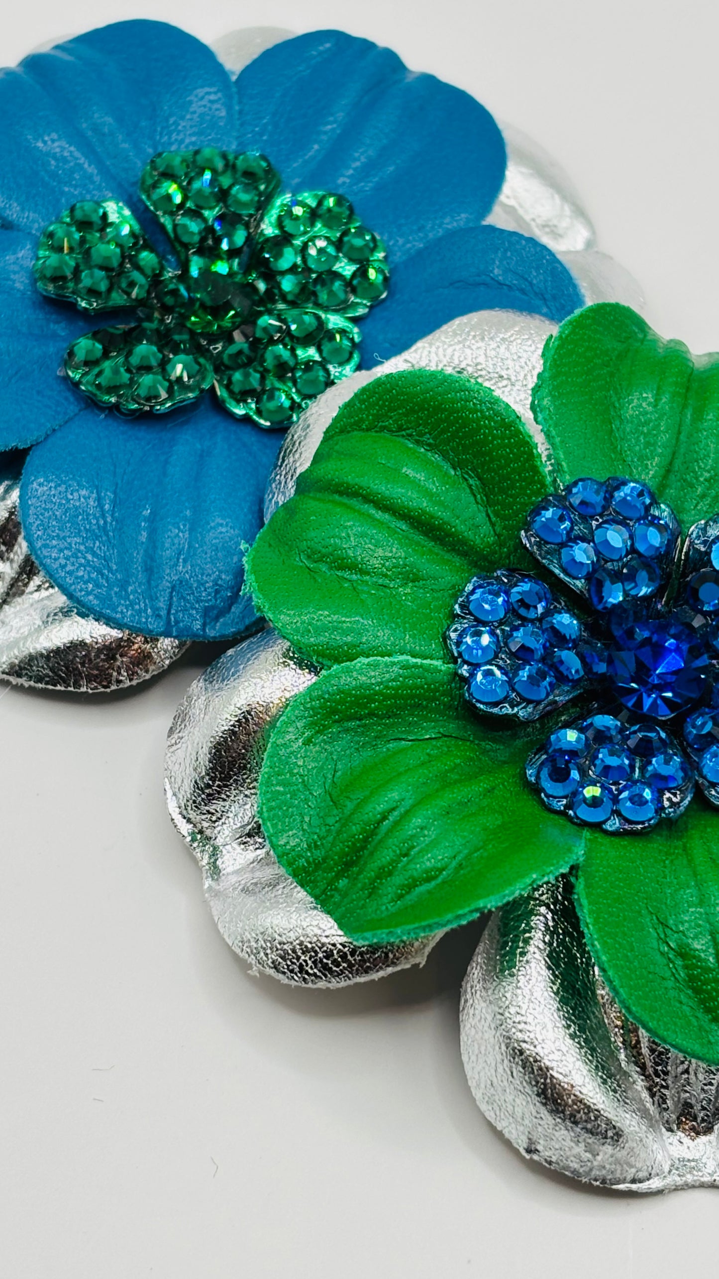 "Seahawks" Glam Leather Crystal Daisy Pin & Clip 2 1/2".  Crystal Center.  Blue with Green Center. Made in Seattle with Love
