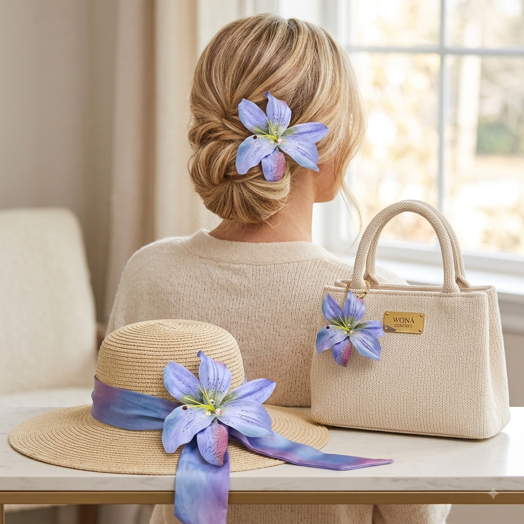 Abigail Blue Lily Pin and Clip with Swarovski Crystals. Clip to dress, into hair, onto lapel, bag, hat and more.