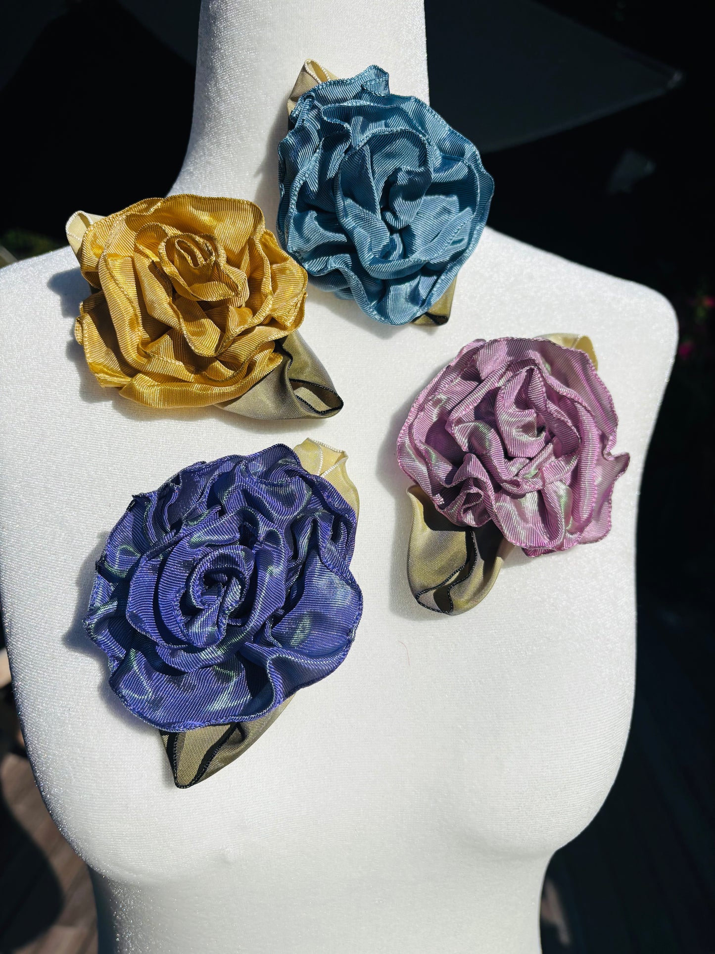 Karin's Garden 3" “Rosette” Pin.  Pin to dress, lapel or wear as a boutonniere. Made in the USA.  You can reshape the flower and leaves to make it larger or smaller.