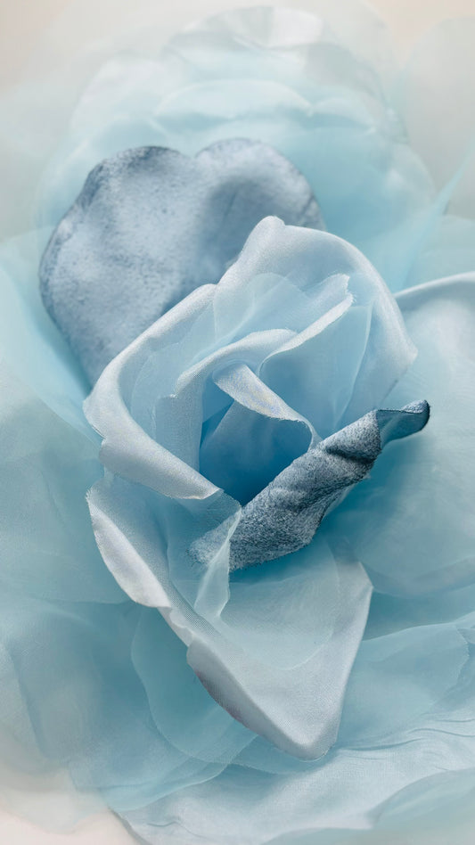 Karin's Garden 10" "Ariana" Powder Blue Silk & Velvet Organza Rose Pin & Clip.  A Statement Flower