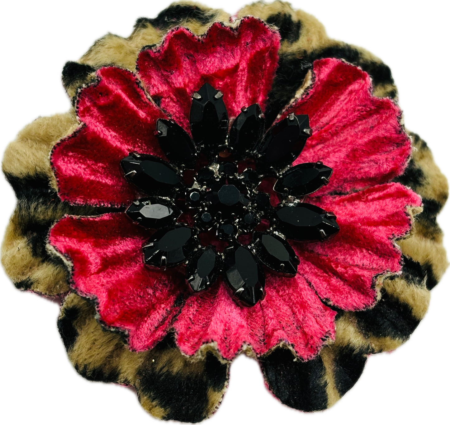 Karin’s Garden 2.5” Leopard & Red Velvet with black crystal jeweled center.  Pin or Clip into hair, lapel & more.