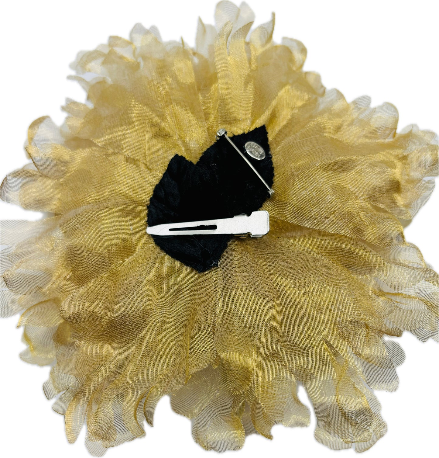 Karin’s Garden Empress 8" Gold Silk Organza Flower Pin and Clip with Black Seeds.  Made in the USA with Love