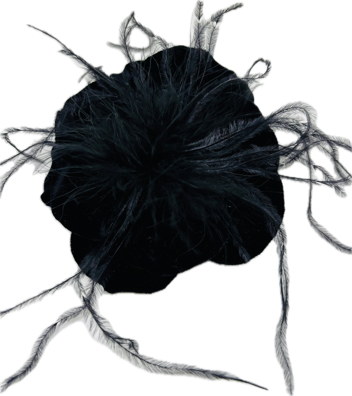 “Kitty" Black Velvet Ostrich Flower Pin and Clip. Clip into hair, onto purse, dress, hat, wrist and more. A versatile accessory.