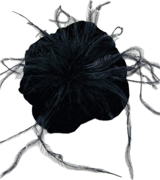 “Kitty" Black Velvet Ostrich Flower Pin and Clip. Clip into hair, onto purse, dress, hat, wrist and more. A versatile accessory.