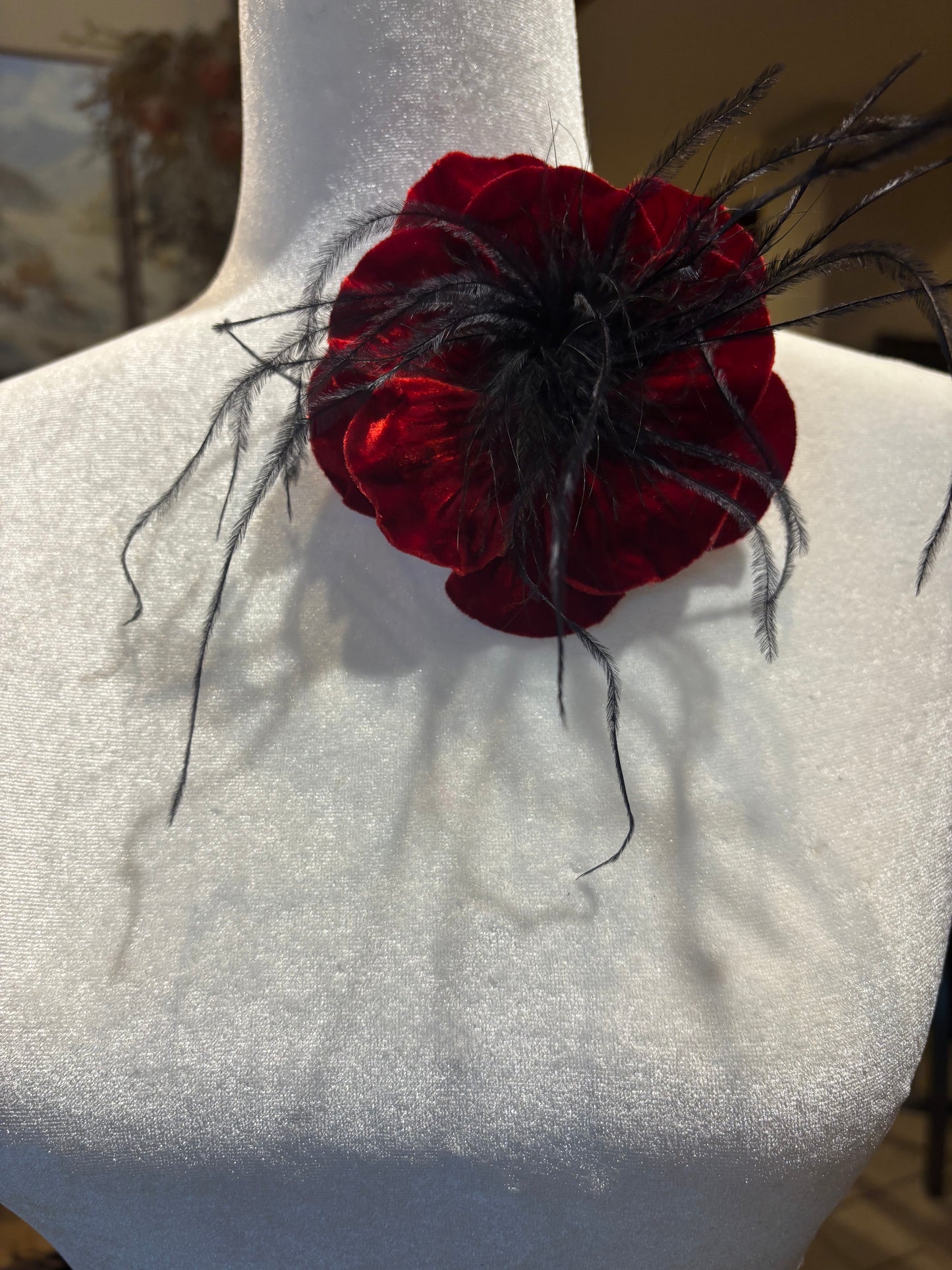 “Kitty" Red Velvet Ostrich Flower Pin and Clip. Clip into hair, onto purse, dress, hat, wrist and more. A versatile accessory.