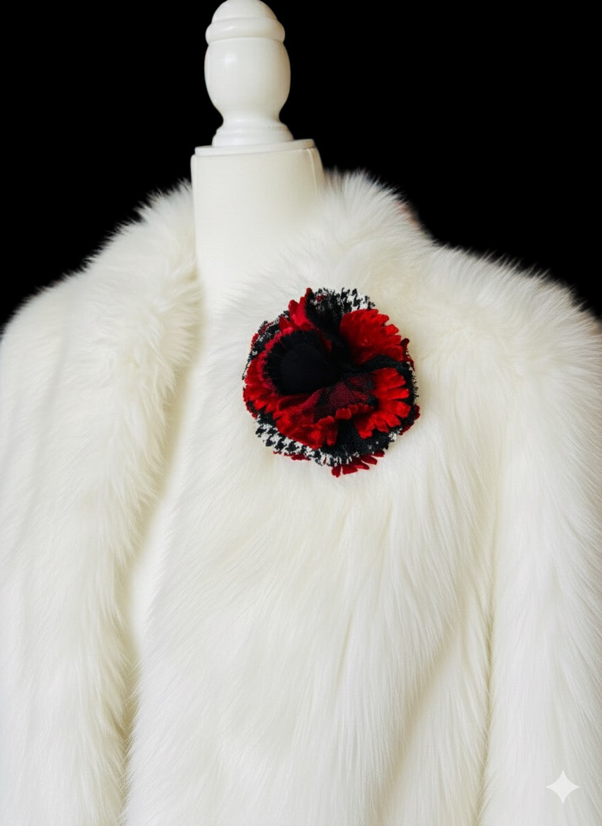 "Brooke" Red White & Black Wool Houndstooth Velvet & Lace Flower Brooch and Clip 3" Made in the USA with Love