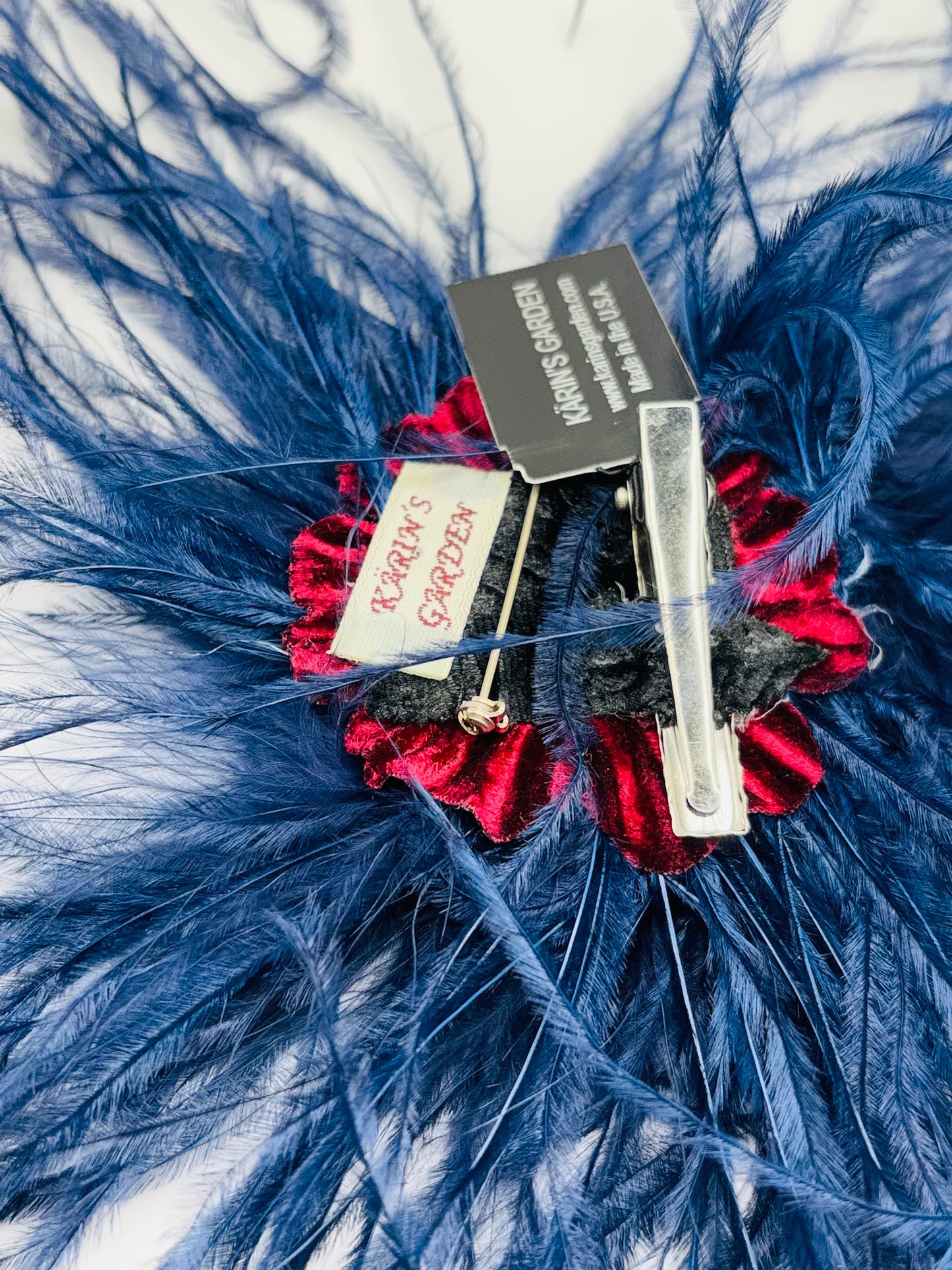 Dietrich Petite Ostrich Pin & Clip in Navy.  Handmade in the USA. Genuine Ostrich. Available in many colors.  Available in Petite or Grand