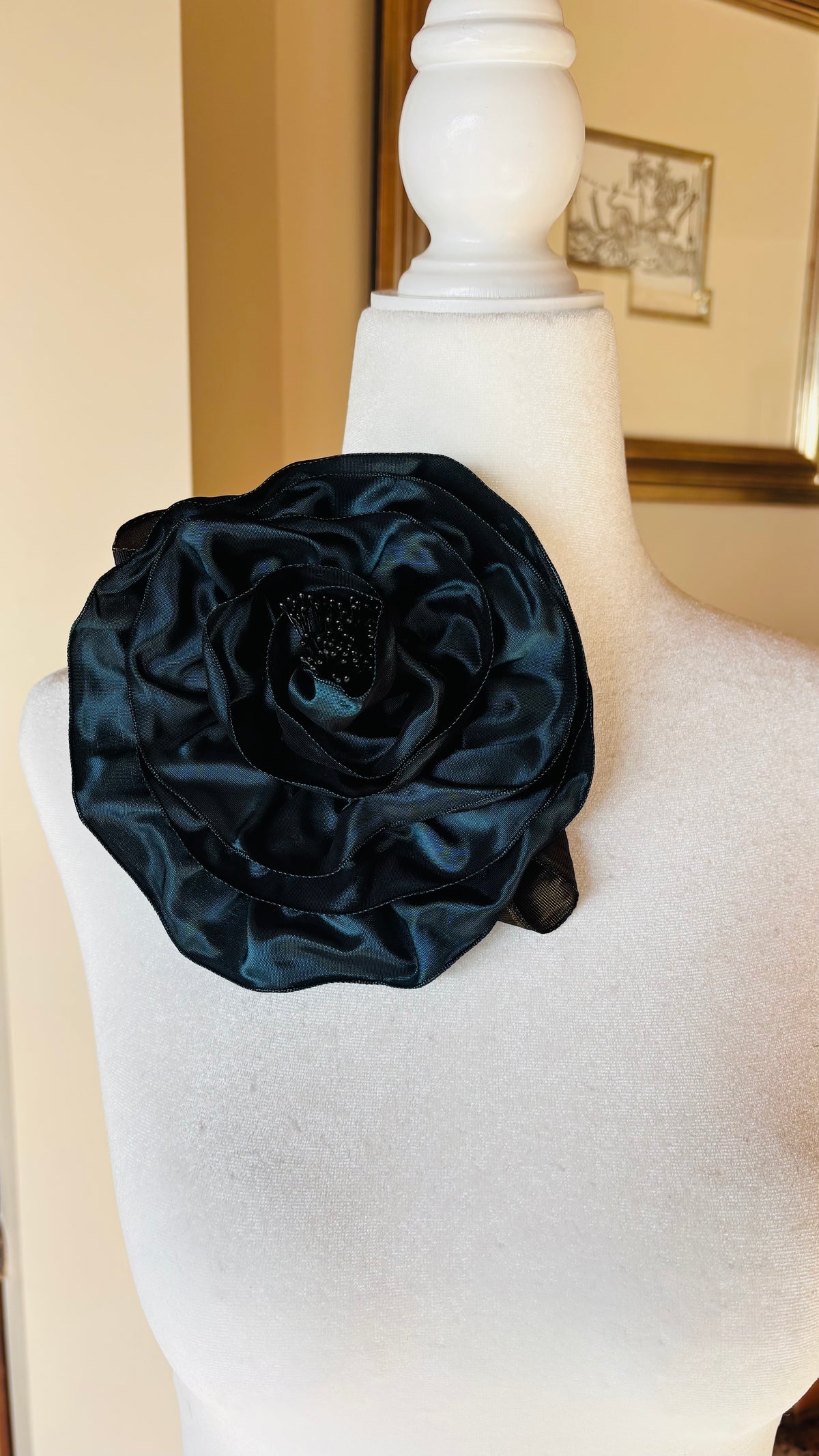 “Rosette” Brooch & Clip in Teal.  Pin or Clip to dresses, lapels, handbag or hat.  Made in the USA.  You can reshape the flower and leaves.