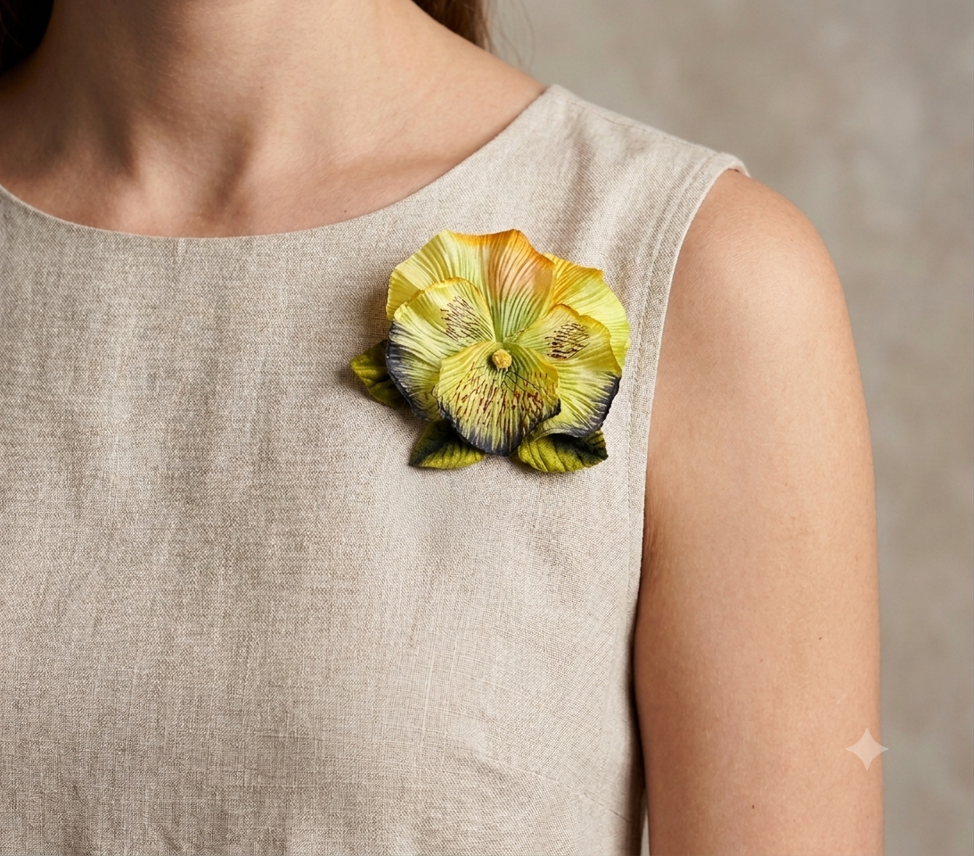 Dakota Pansy Blue Gold Flower Pin & Clip. 3 1/2 Inches.  Vintage Life like Pansy Pin.  Made in the USA
