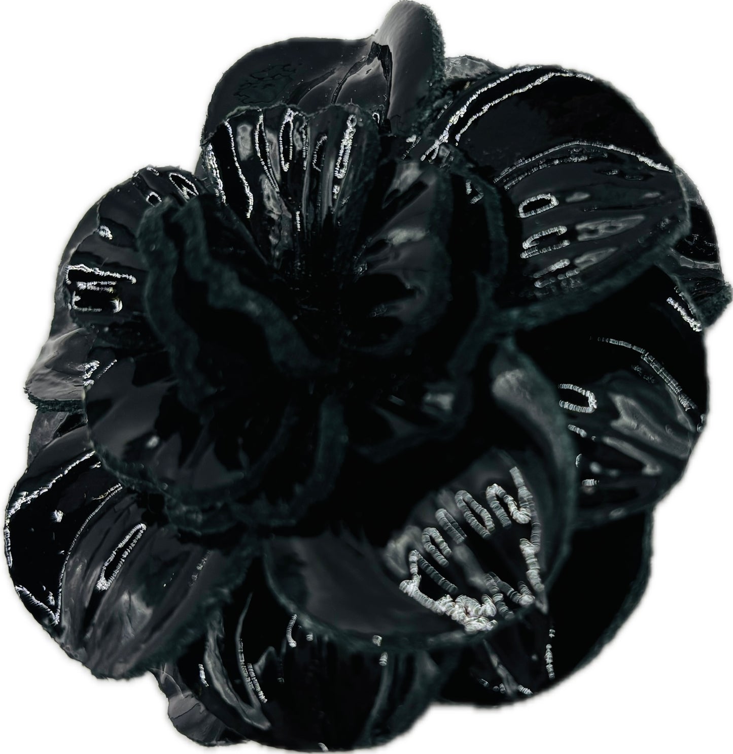 "Roxi" Patent Leather Black Flower Brooch & Clip. 2.25" Clip into hair, onto lapel, necklace, purse, hat & more.  Made in the USA with Love.
