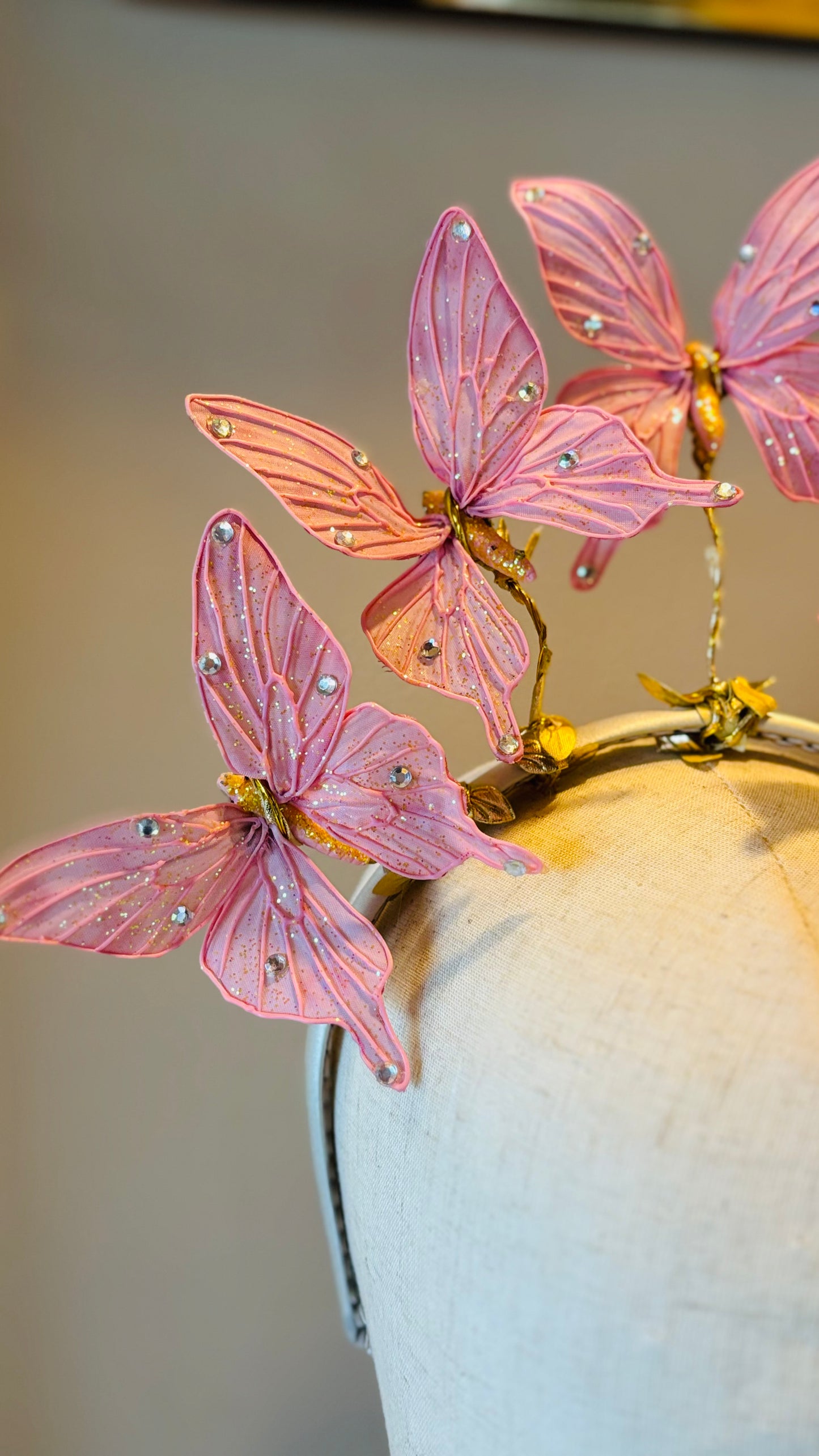 “Vanessa” Pink Butterflies Headband.  Comfort Fit Silk Headband, Bendable Butterflies.  Handmade in Bellevue, Washington.  Clothing by detailsdancewear.