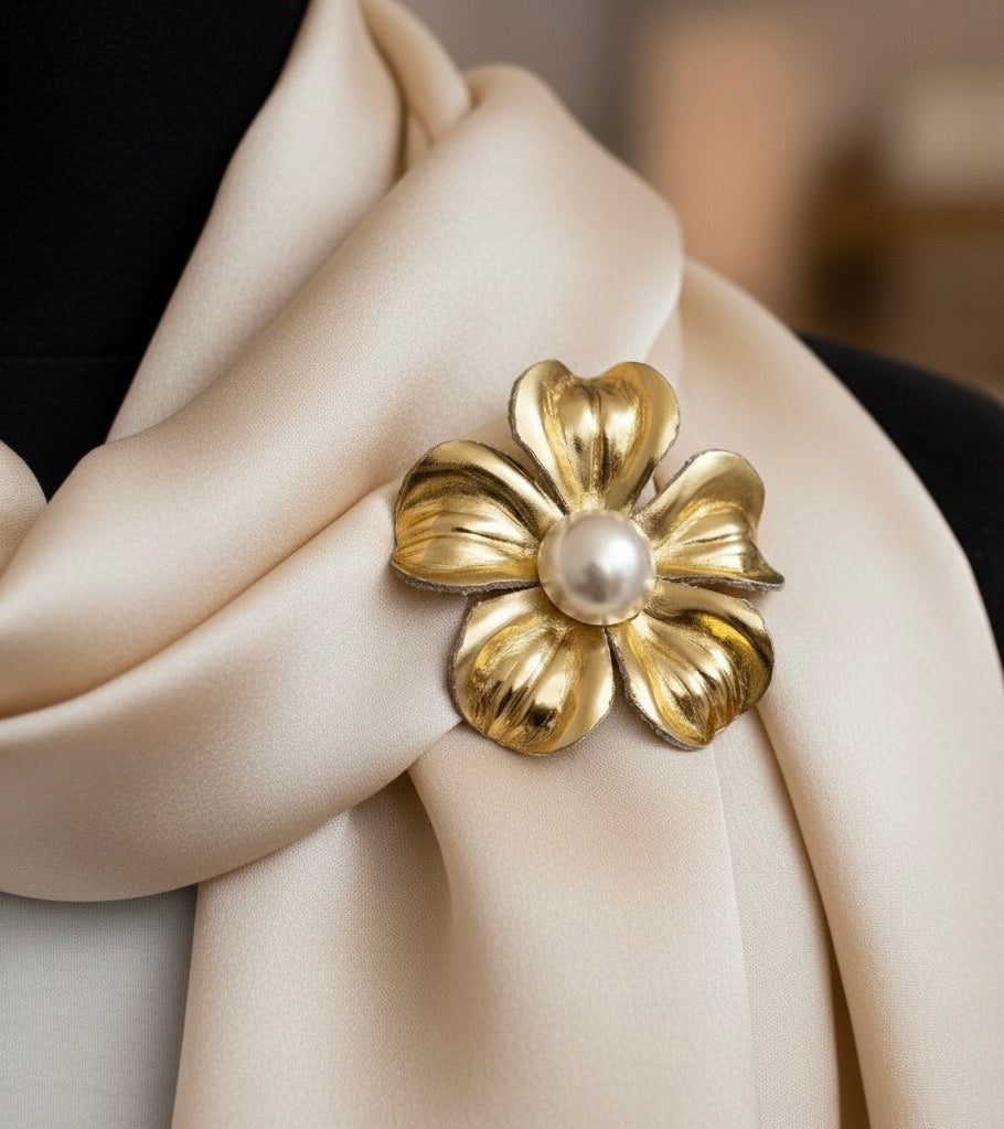 “Maisie" Gold Leather & Pearl Brooch & Clip. 2.25" Made in the USA with Love.