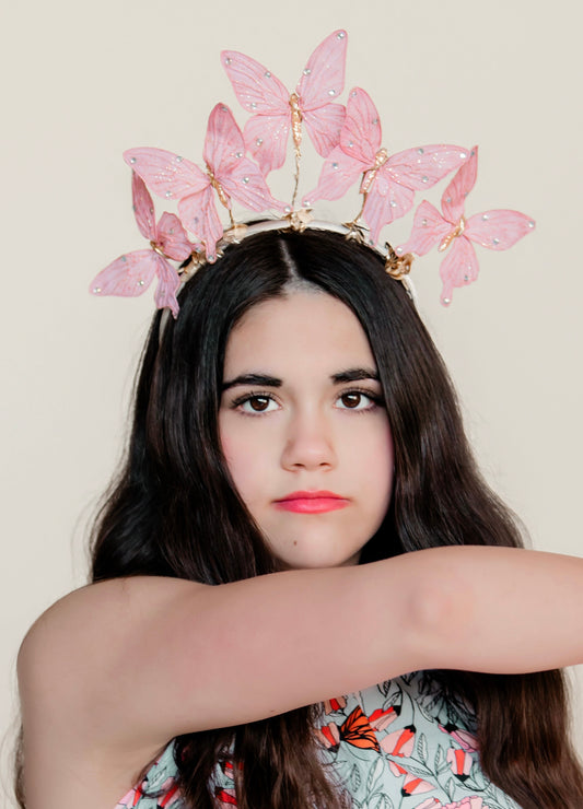 “Vanessa” Pink Butterflies Headband.  Comfort Fit Silk Headband, Bendable Butterflies.  Handmade in Bellevue, Washington.  Clothing by detailsdancewear.