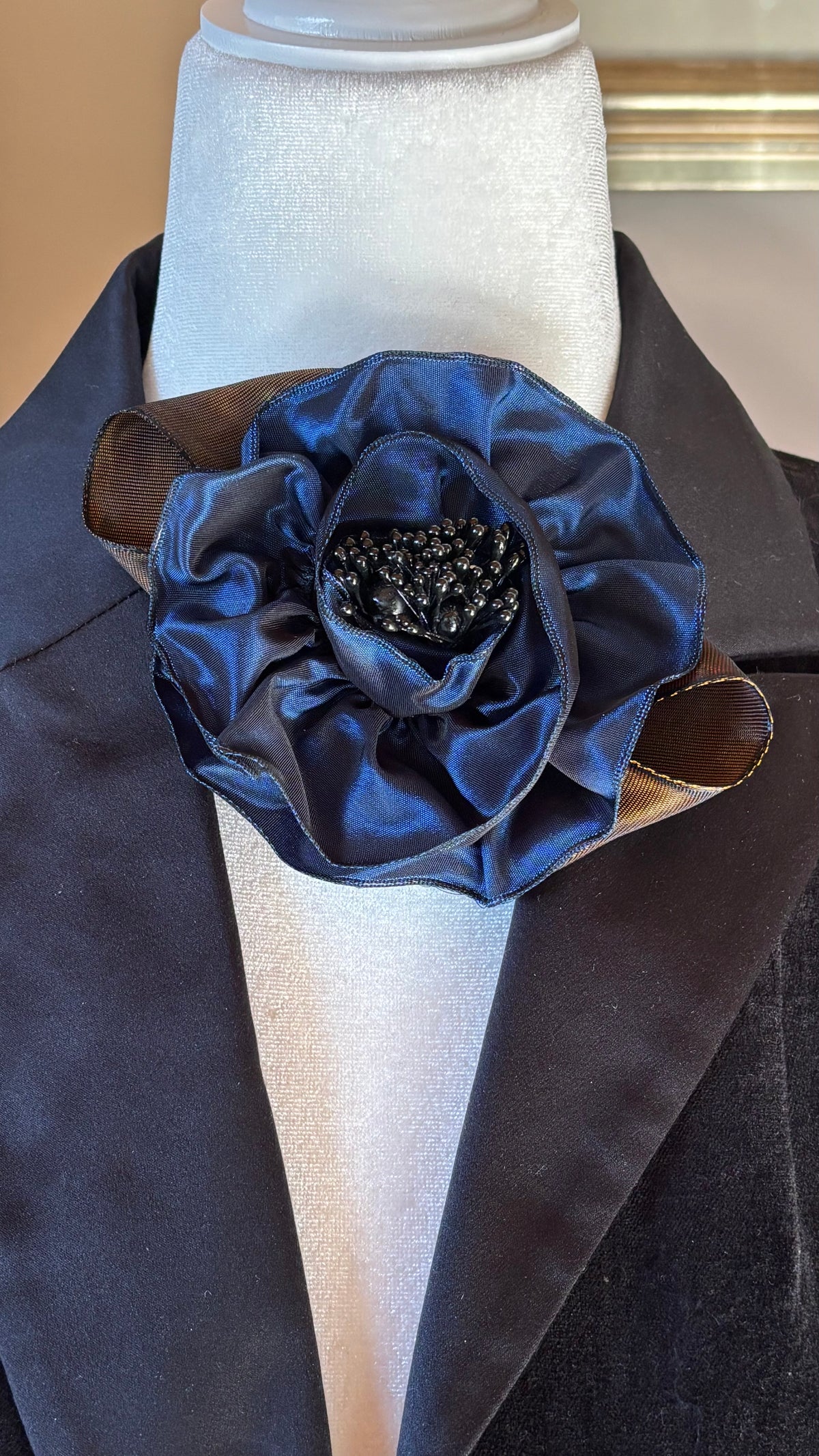Francesca Petite Brooch & Clip in Navy.  Pin or Clip to dresses, lapels, handbag or hat.  Made in the USA.  You can reshape the flower and leaves.  Taffeta from France.