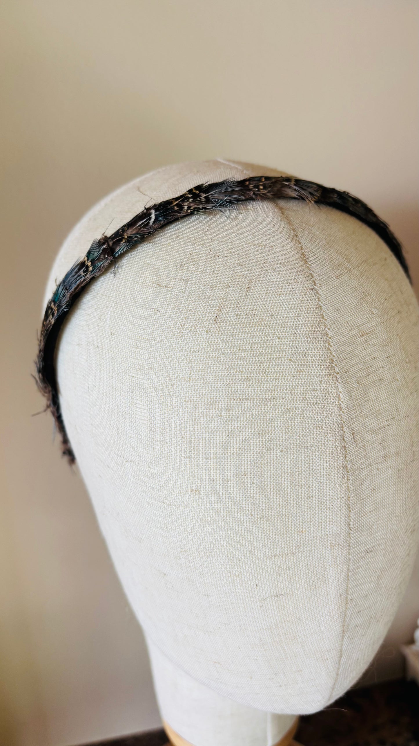Karin's Garden 1/2" Blue Tan Feather and Silk Headband.  Handmade in the USA