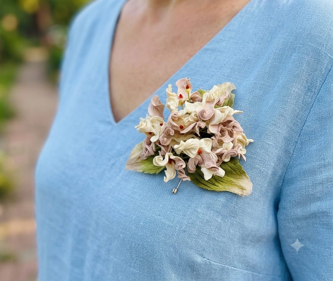 Ivy Hydrangea Flower Pin Brooch Pink