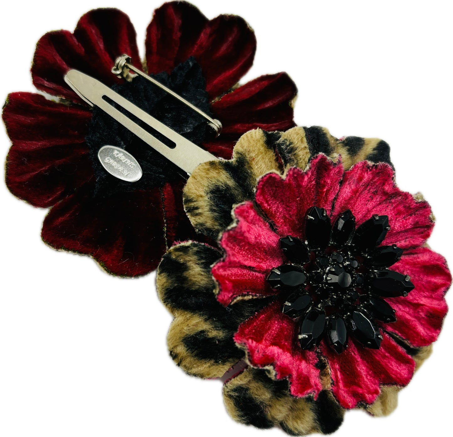 Karin’s Garden 2.5” Leopard & Red Velvet with black crystal jeweled center.  Pin or Clip into hair, lapel & more.