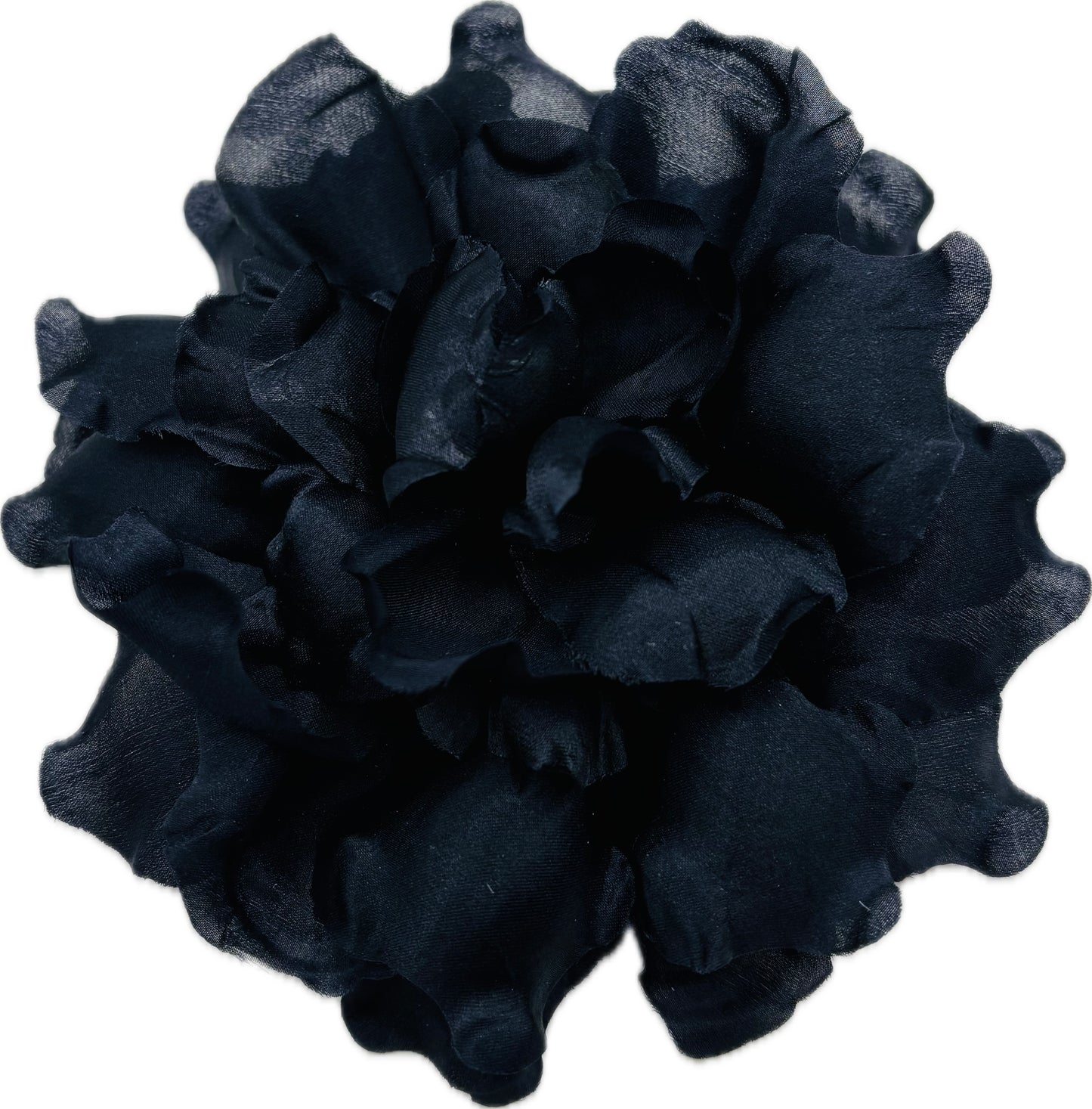 Karin's Garden "Harper" 4" Black Silk Organza Gardenia Pin Brooch & Clip. Handmade in the USA.  Pin or Clip into hair, onto dress, lapel, hand and more.