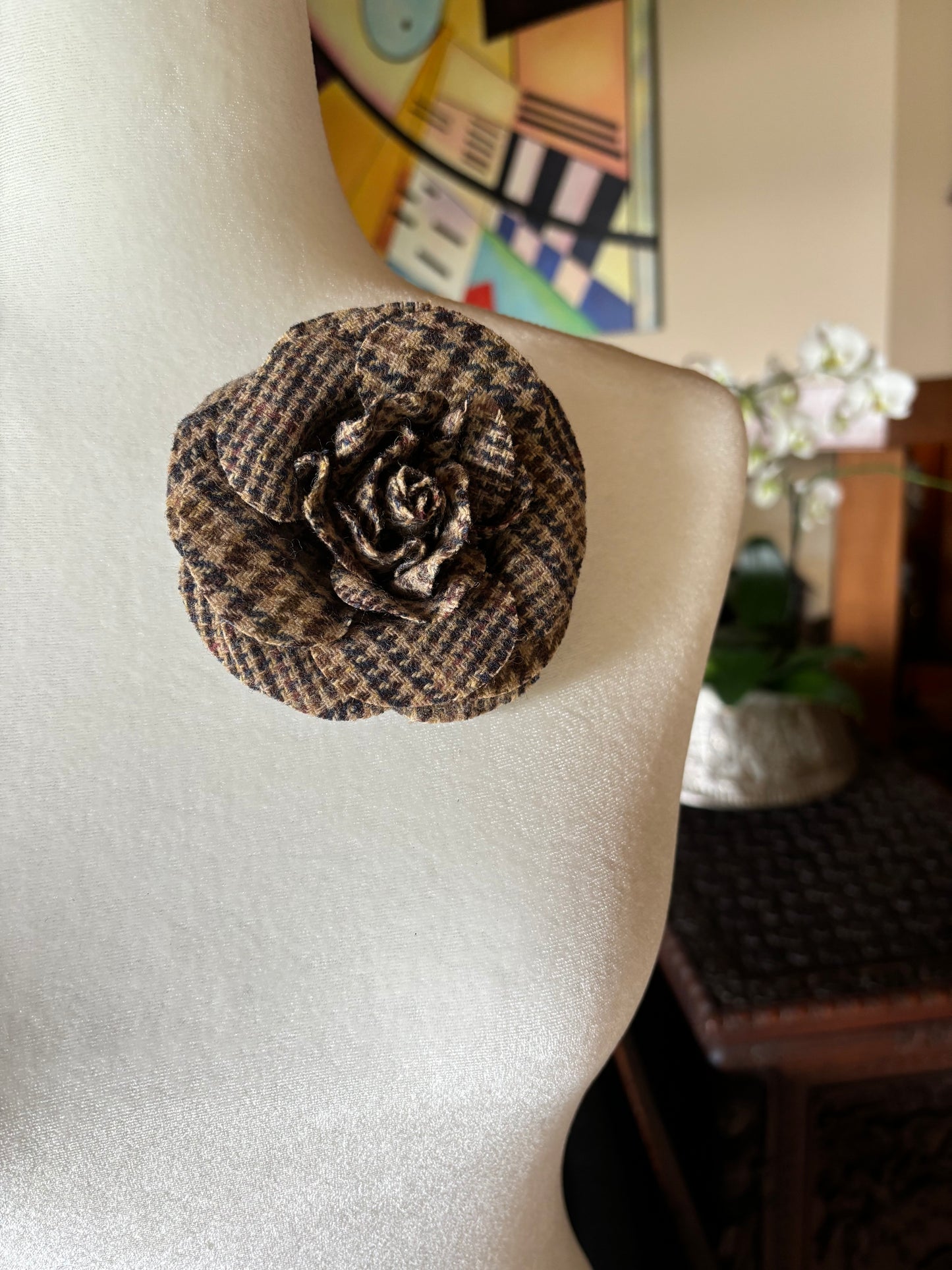 Karin's Garden 4" Laine Tweed Rose Pin Broche Rose Clip 100% Laine.