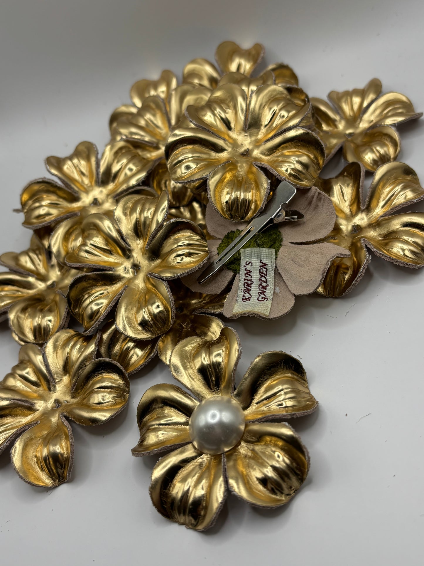 “Maisie" Gold Leather & Pearl Brooch & Clip. 2.25" Made in the USA with Love.