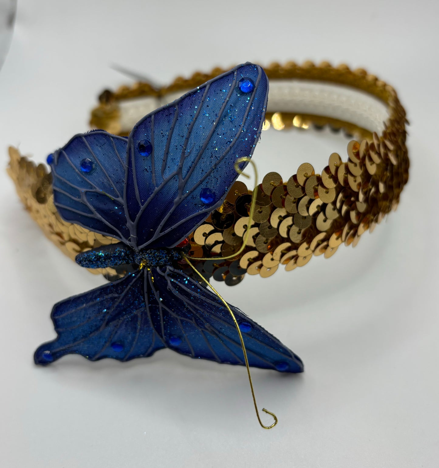 Karin's Garden Gold Sequin 1" Headband with Blue Butterfly