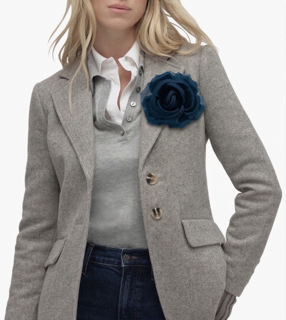 Karin's Garden Navy 4.5" "SJP" Silk Rose Pin Brooch & Clip As Seen On: Sex And The City Carrie Bradshaw