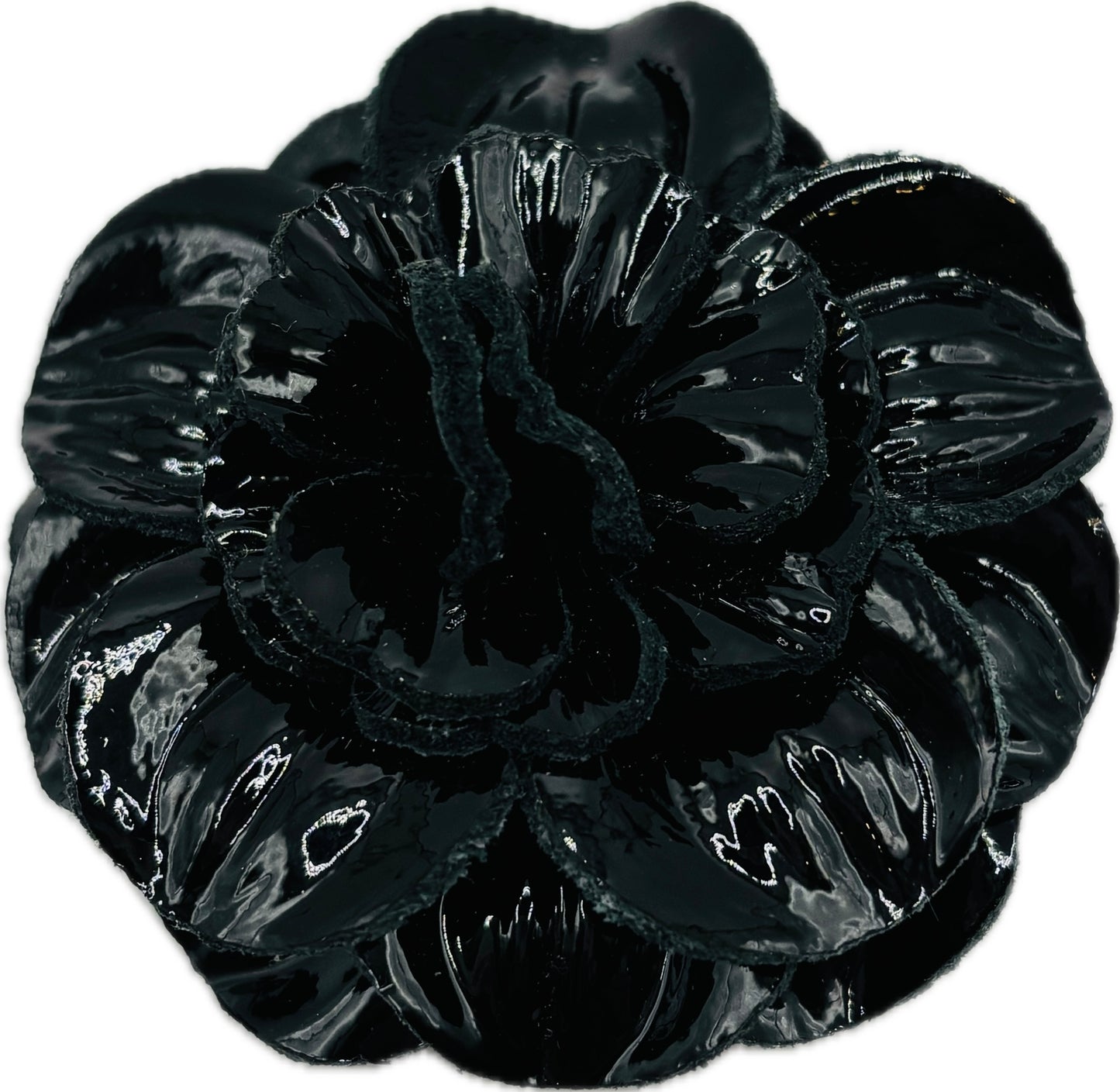 "Roxi" Patent Leather Black Flower Brooch & Clip. 2.25" Clip into hair, onto lapel, necklace, purse, hat & more.  Made in the USA with Love.