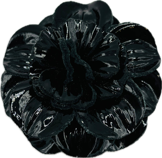 "Roxi" Patent Leather Black Flower Brooch & Clip. 2.25" Clip into hair, onto lapel, necklace, purse, hat & more.  Made in the USA with Love.