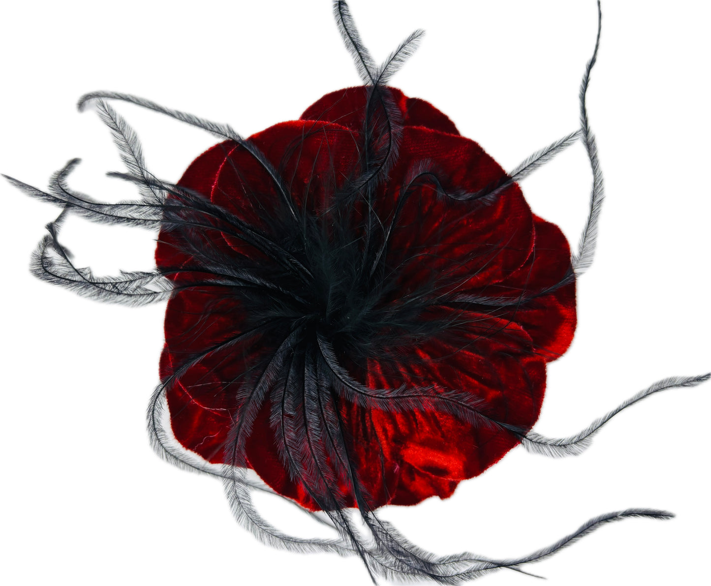 “Kitty" Red Velvet Ostrich Flower Pin and Clip. Clip into hair, onto purse, dress, hat, wrist and more. A versatile accessory.